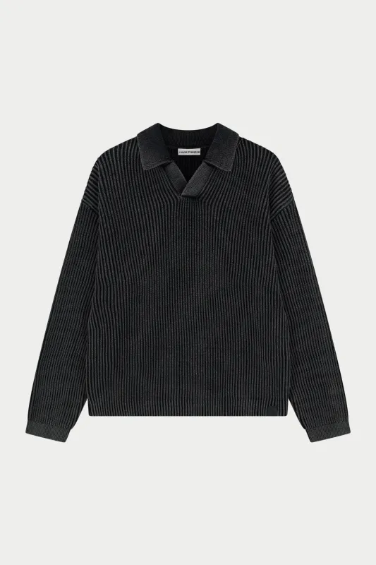 HEAVY WASHED RIB KNIT POLO - BLACK sold by The Couture Club