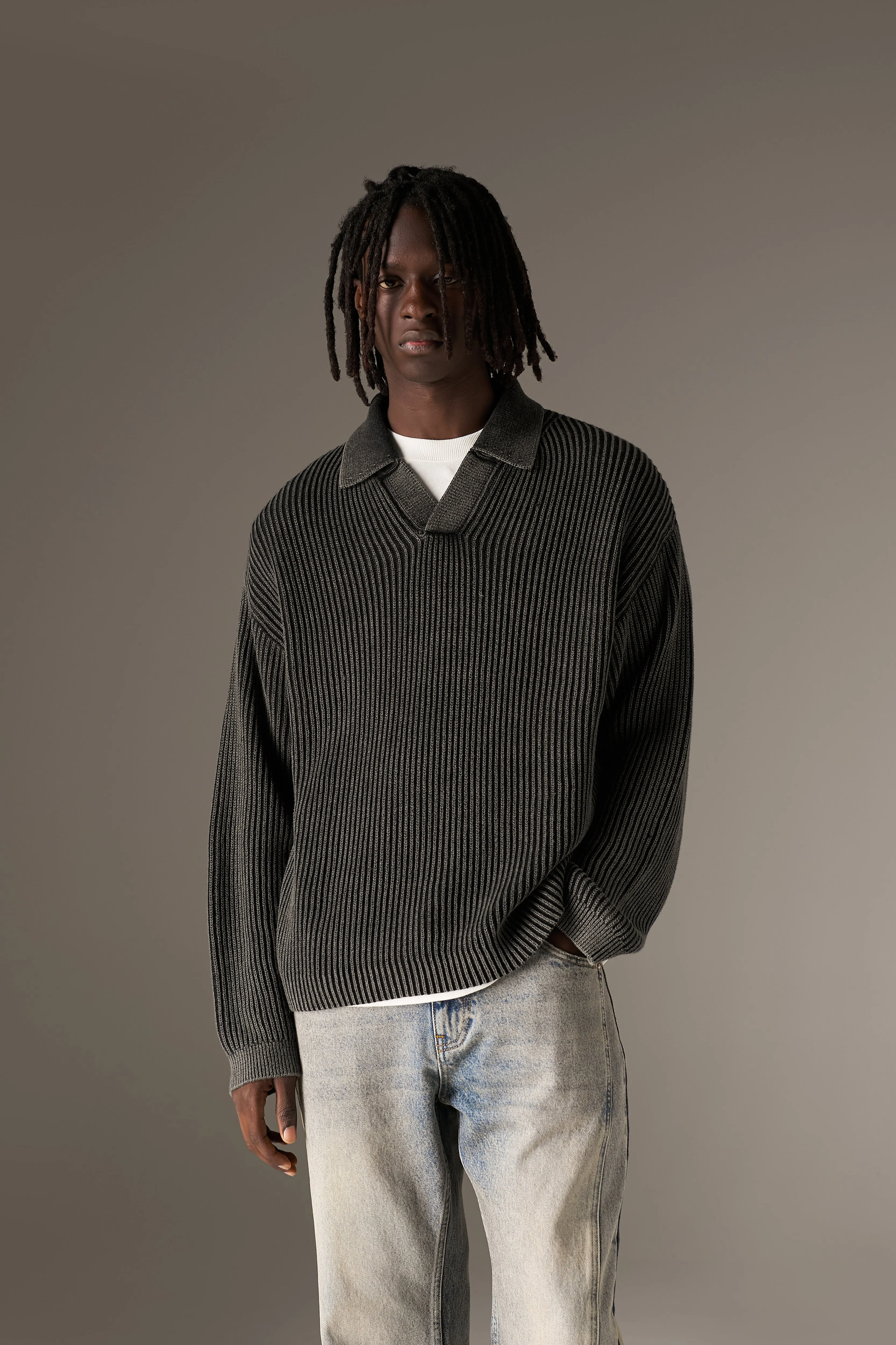 HEAVY WASHED RIB KNIT POLO - BLACK sold by The Couture Club product image thumbnail 2