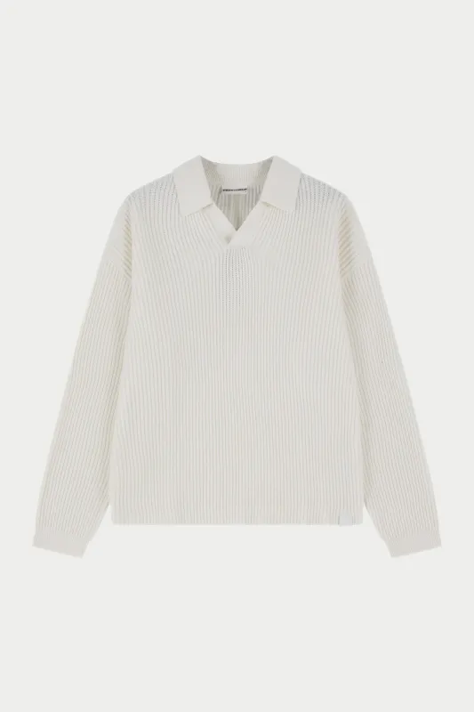 HEAVY WASHED RIB KNIT POLO - OFF WHITE sold by The Couture Club