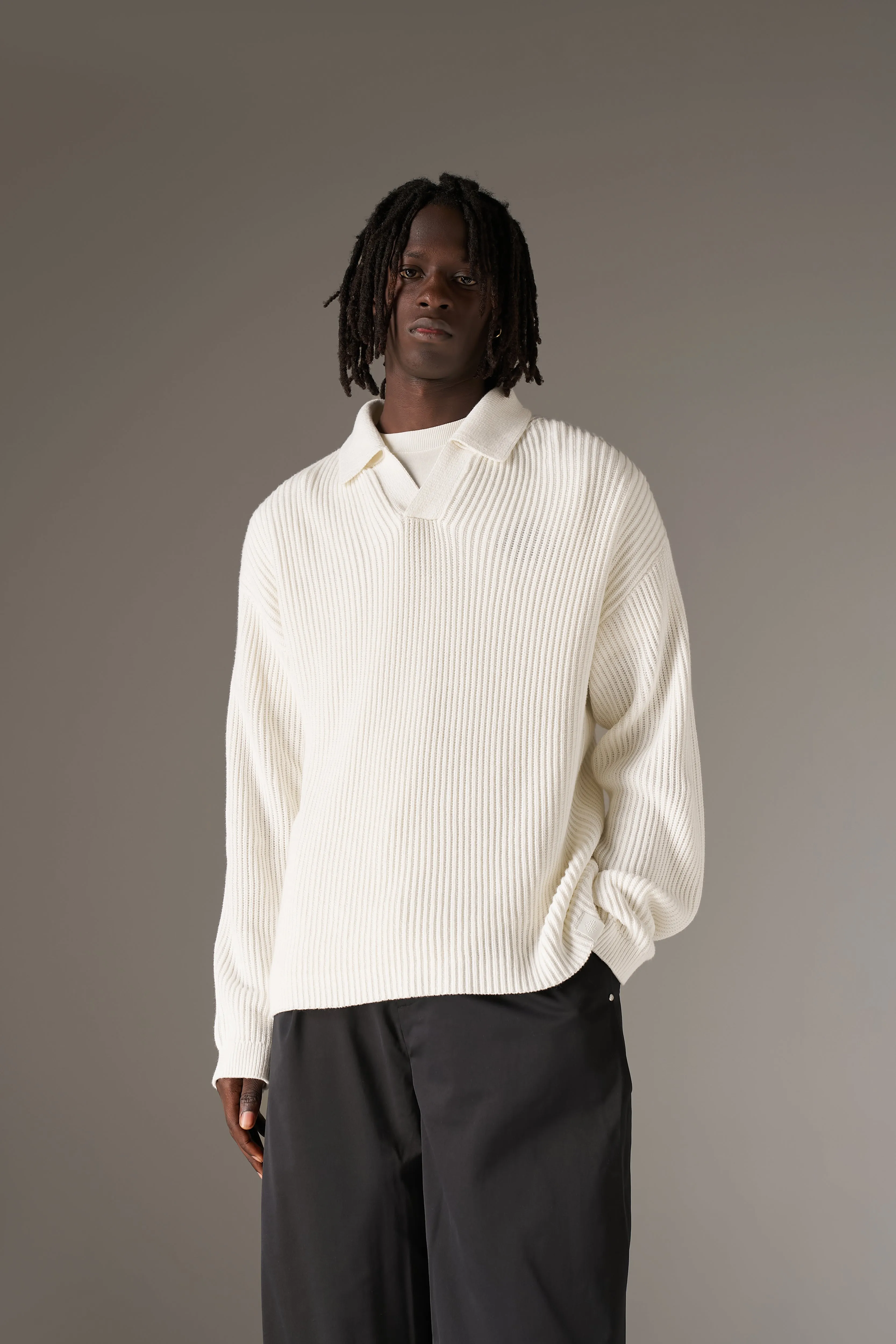 HEAVY WASHED RIB KNIT POLO - OFF WHITE sold by The Couture Club product image thumbnail 2
