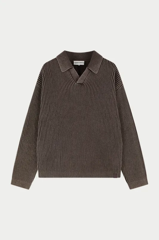 HEAVY WASHED RIB KNIT POLO - BROWN sold by The Couture Club