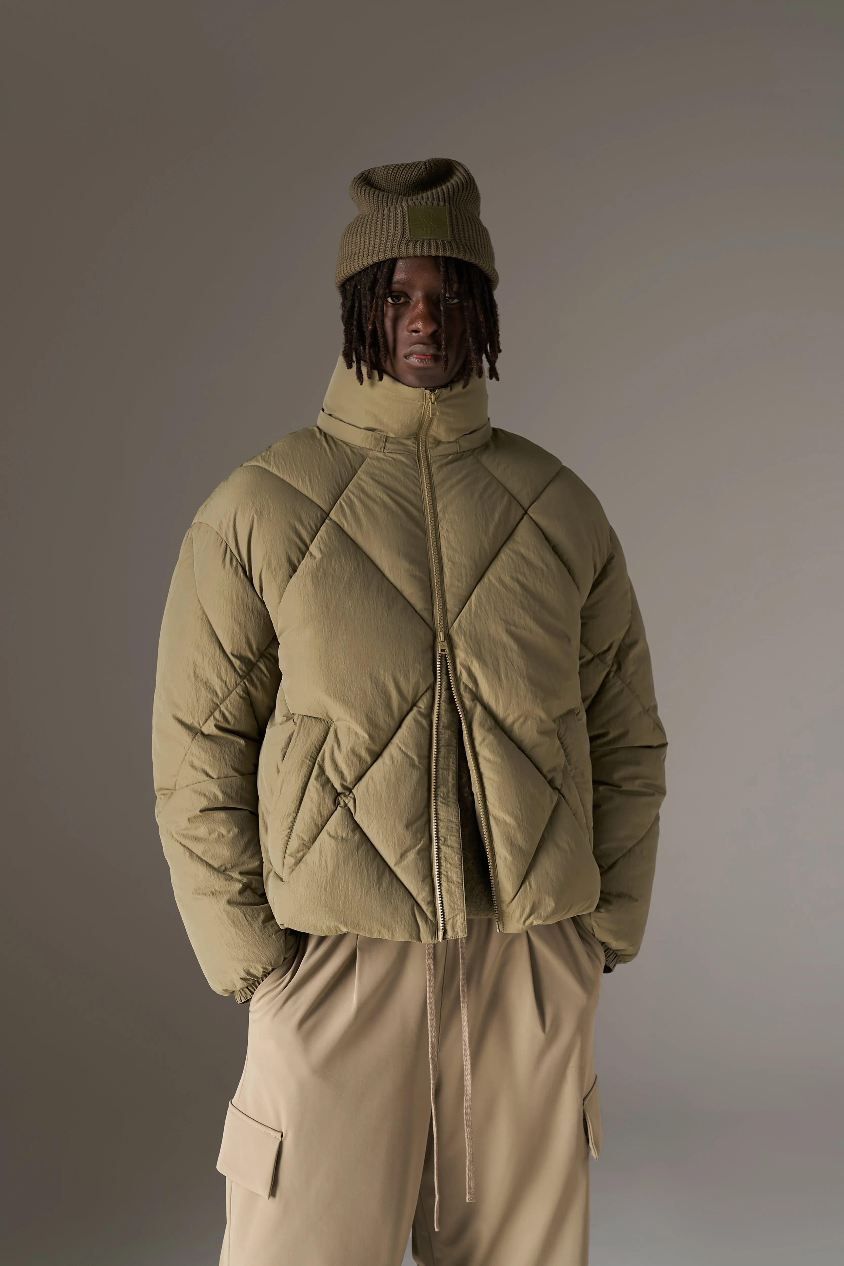 DIAMOND QUILTED PUFFER COAT - KHAKI sold by The Couture Club product image thumbnail 2