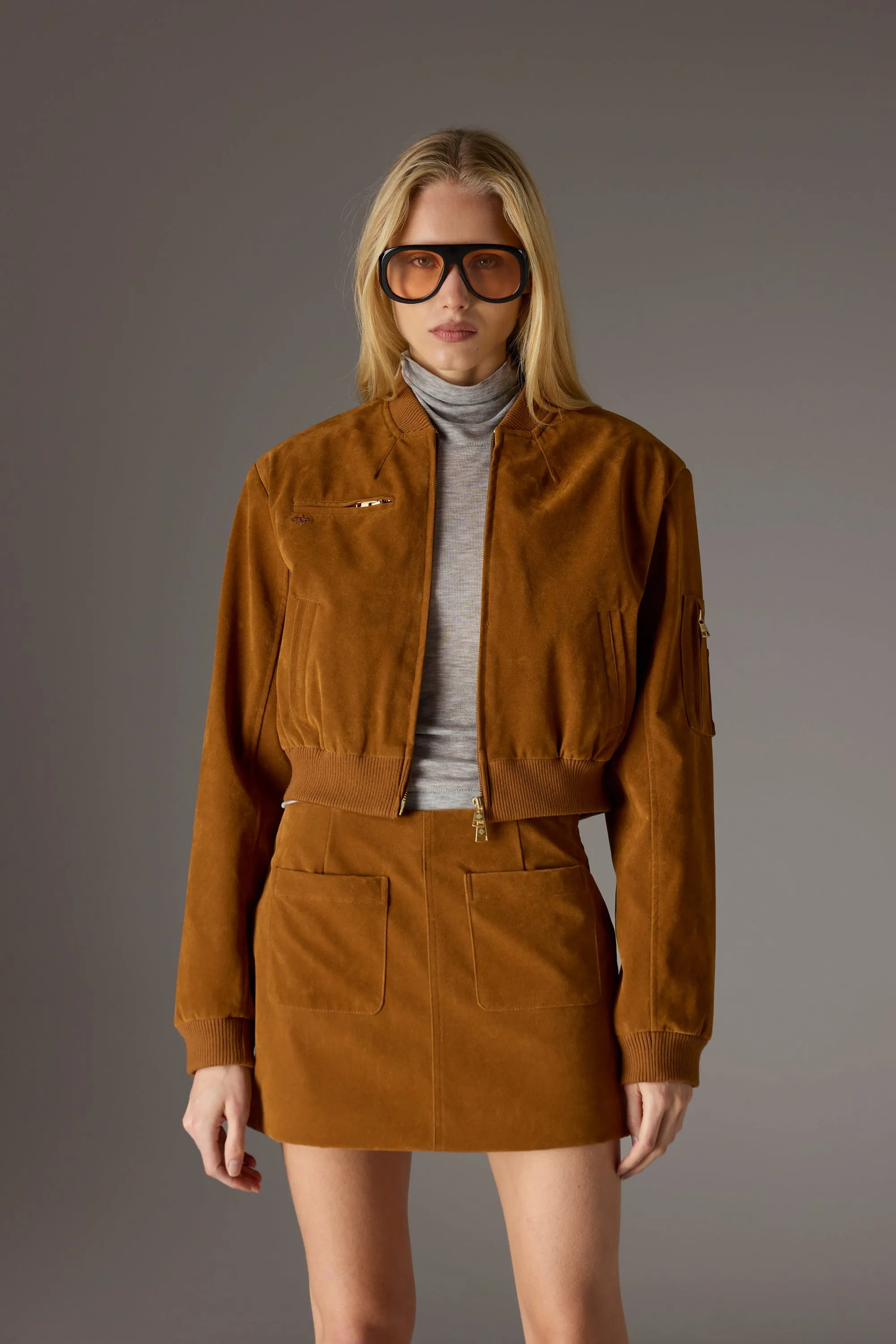 FAUX SUEDE BOMBER JACKET - TAN sold by The Couture Club product image thumbnail 2