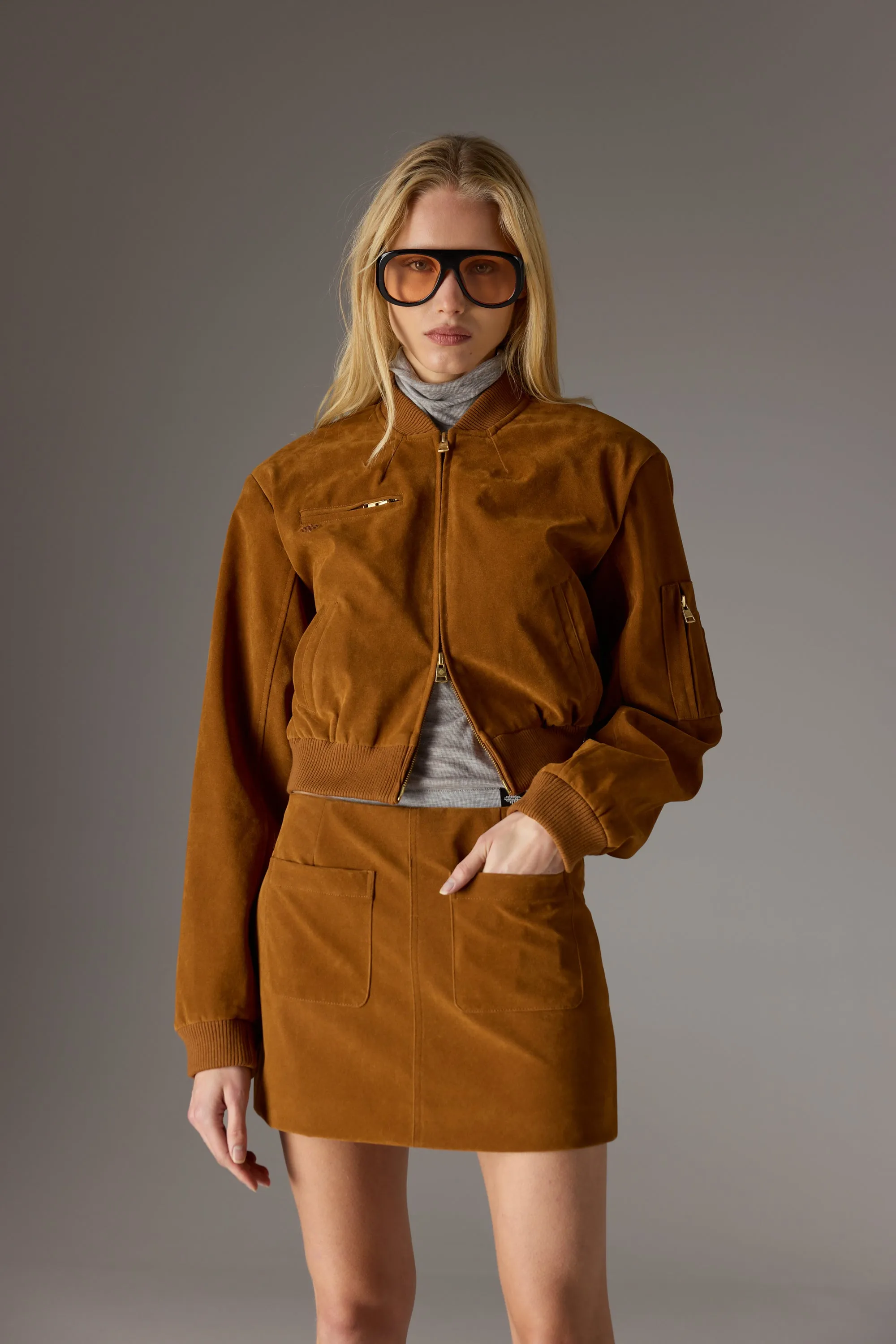 FAUX SUEDE BOMBER JACKET - TAN sold by The Couture Club product image thumbnail 4