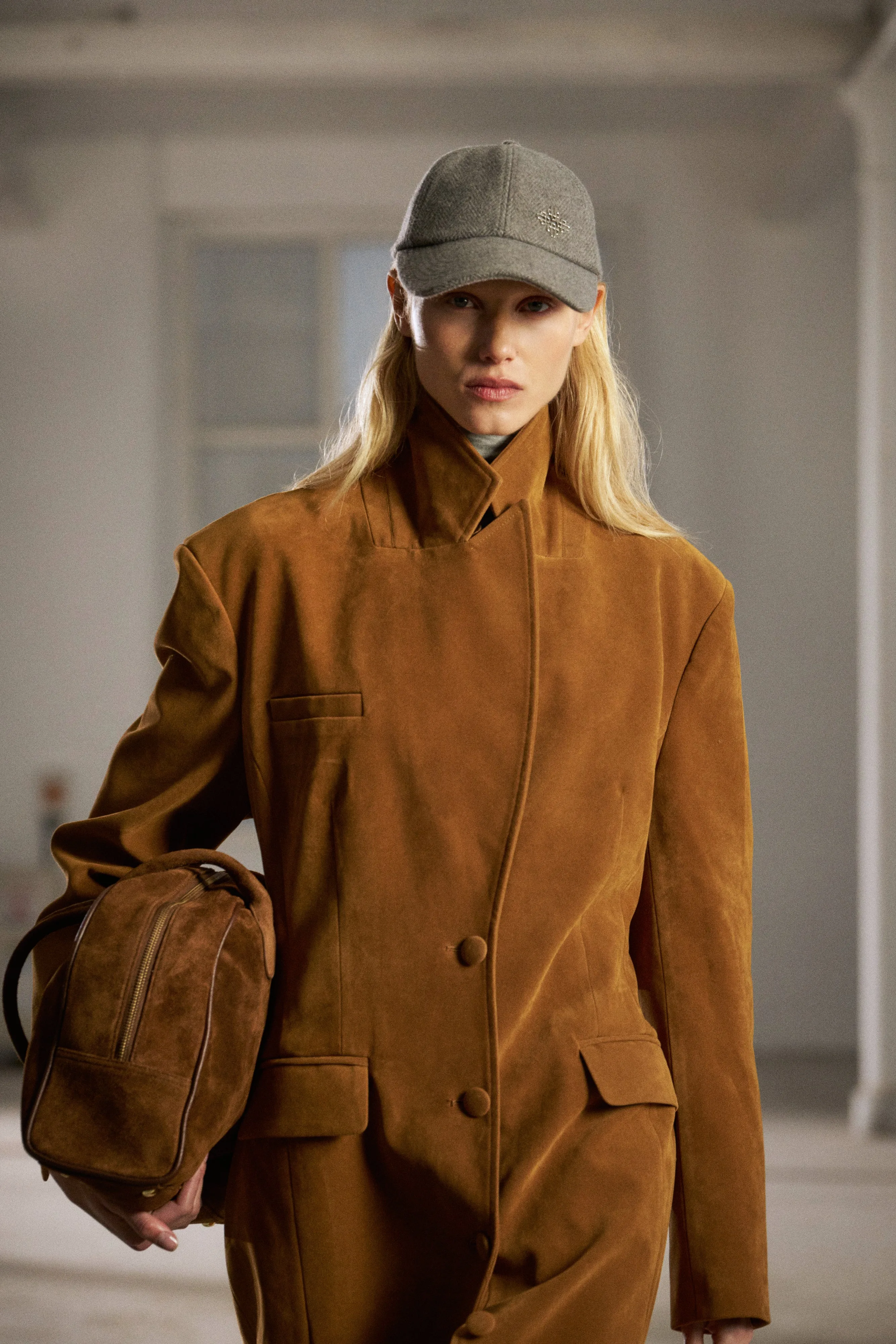 FAUX SUEDE CINCHED WAIST TAILORED COAT - BROWN sold by The Couture Club product image thumbnail 4