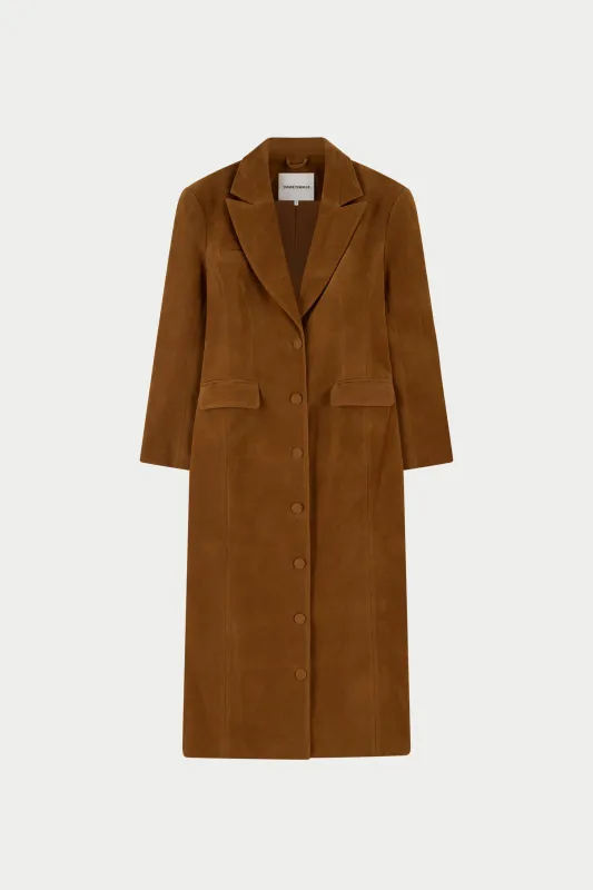 FAUX SUEDE CINCHED WAIST TAILORED COAT - BROWN sold by The Couture Club
