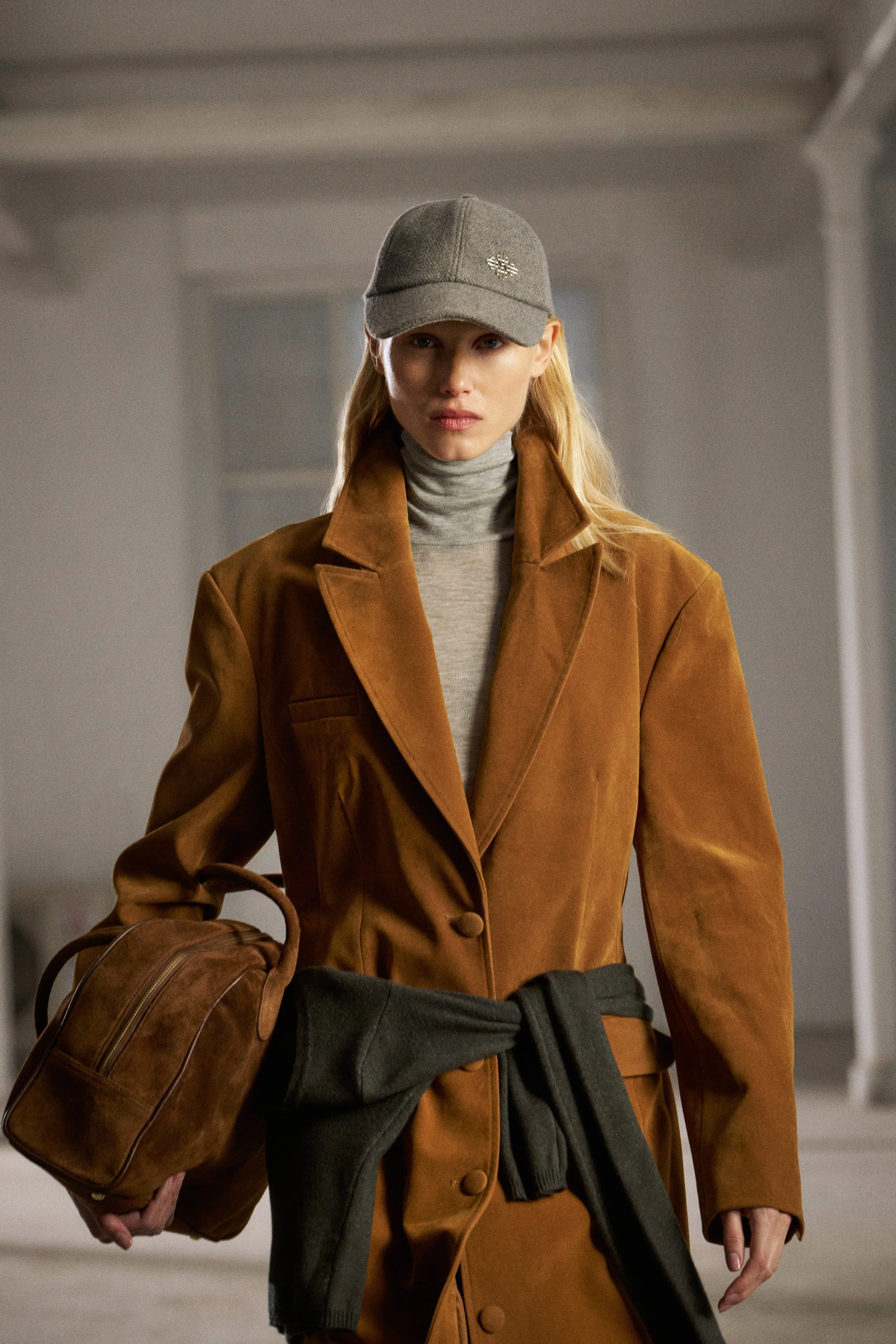 FAUX SUEDE CINCHED WAIST TAILORED COAT - BROWN sold by The Couture Club product image thumbnail 3