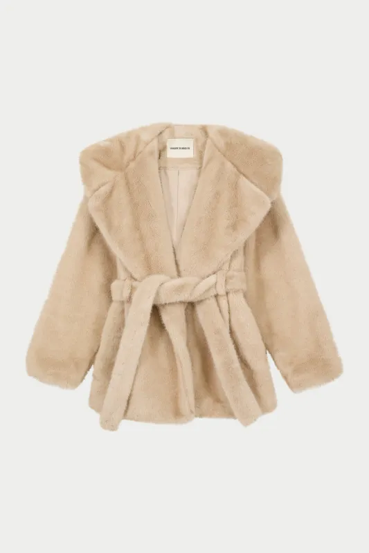 BELTED FAUX FUR HOODED COAT - BEIGE sold by The Couture Club