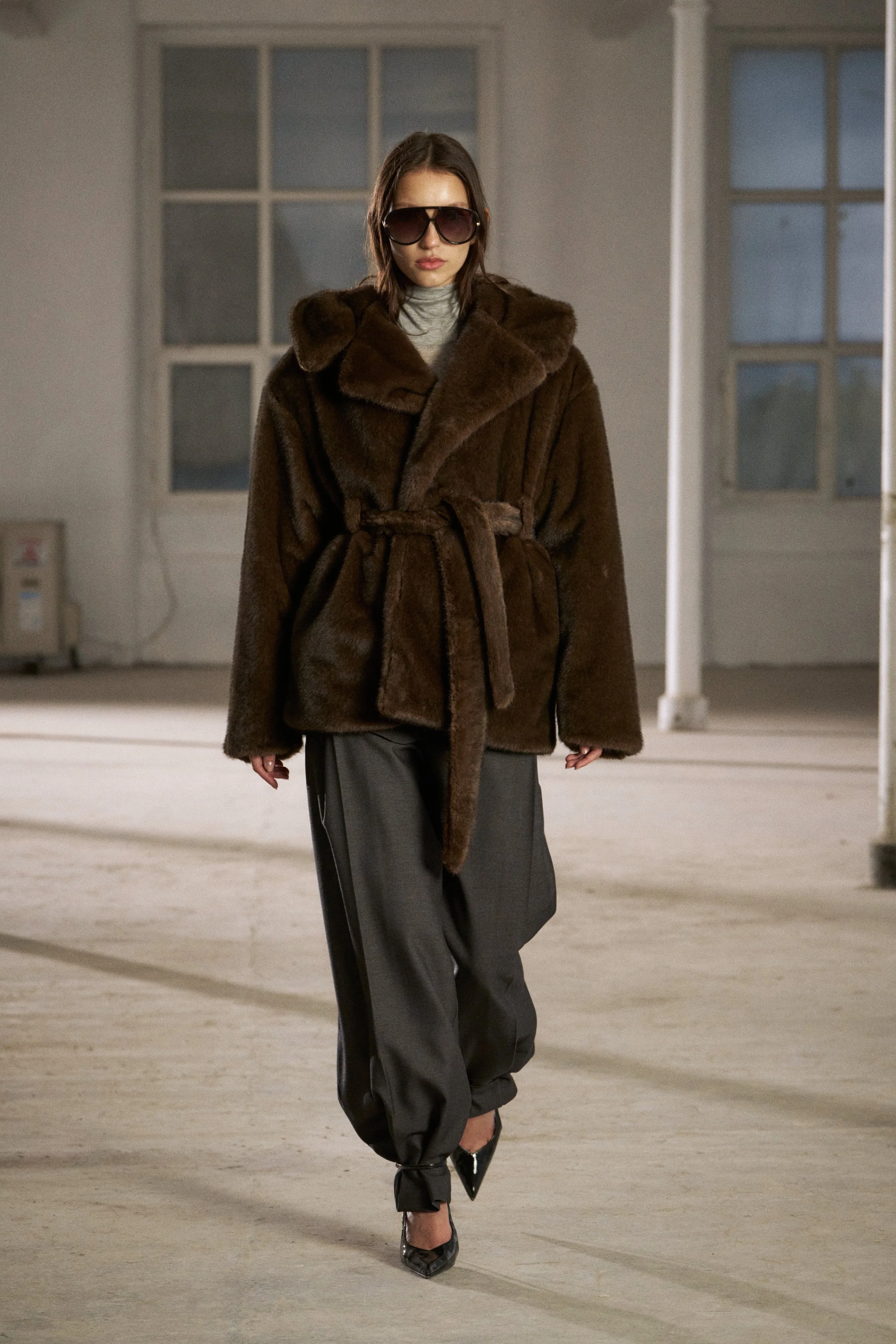 BELTED FAUX FUR HOODED COAT - CHOCOLATE sold by The Couture Club product image thumbnail 2