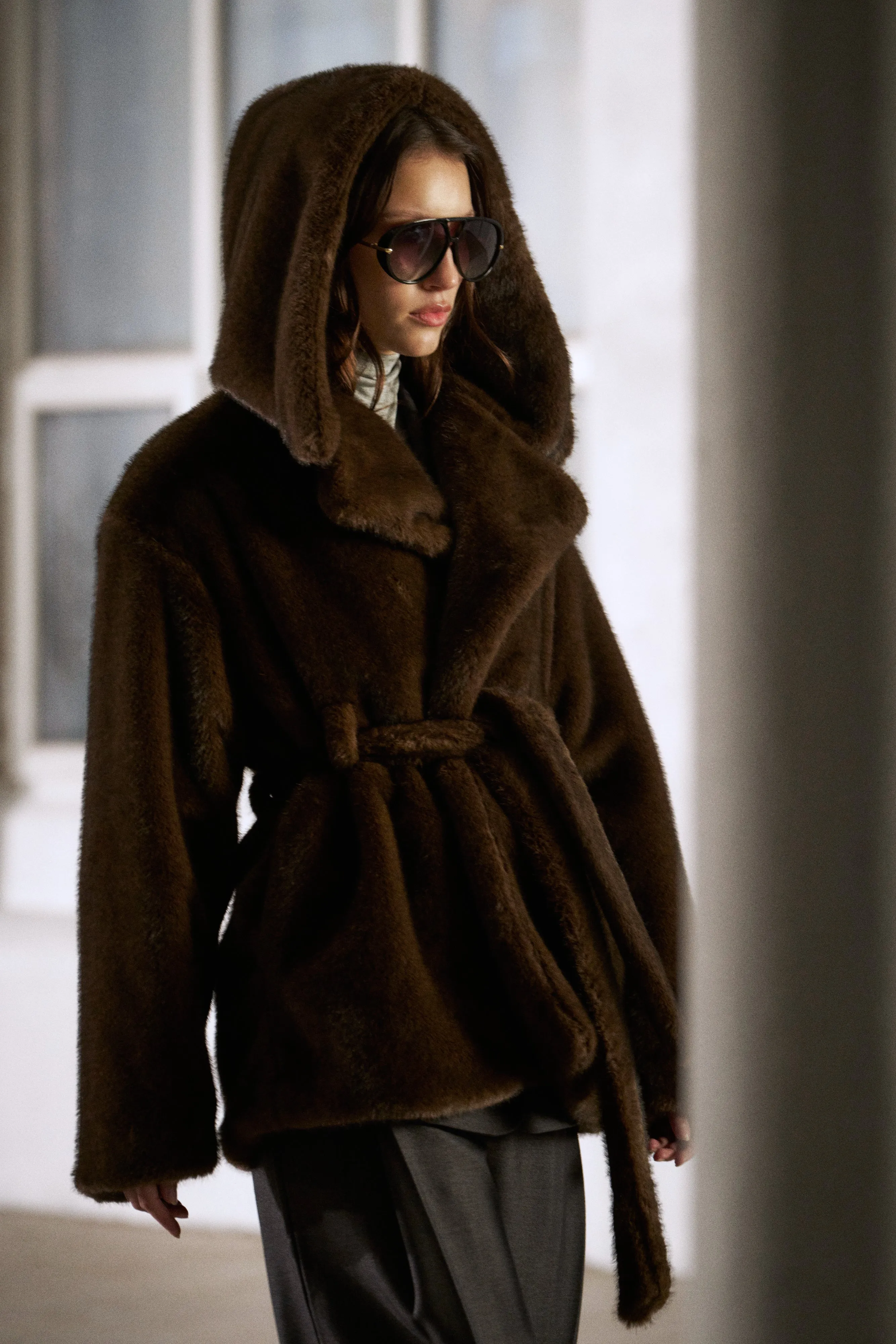 BELTED FAUX FUR HOODED COAT - CHOCOLATE sold by The Couture Club product image thumbnail 3