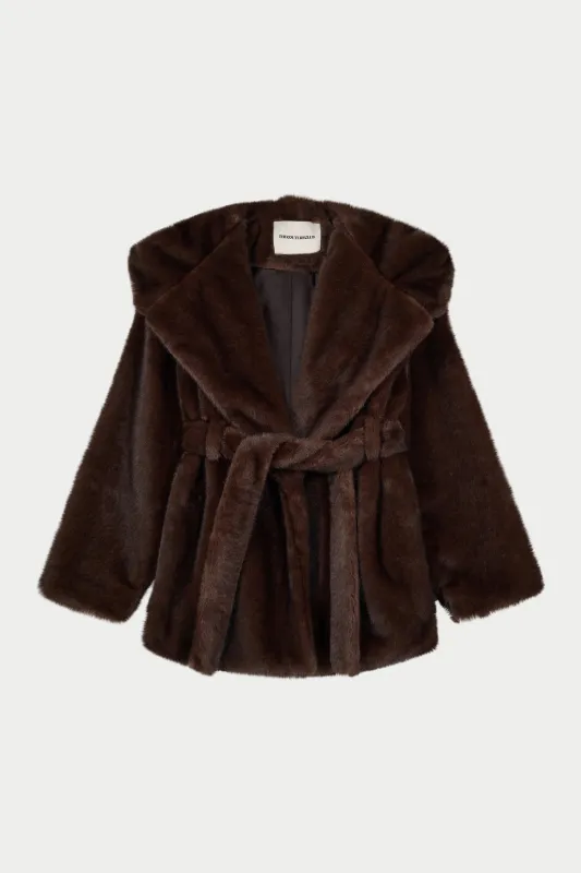 BELTED FAUX FUR HOODED COAT - CHOCOLATE sold by The Couture Club