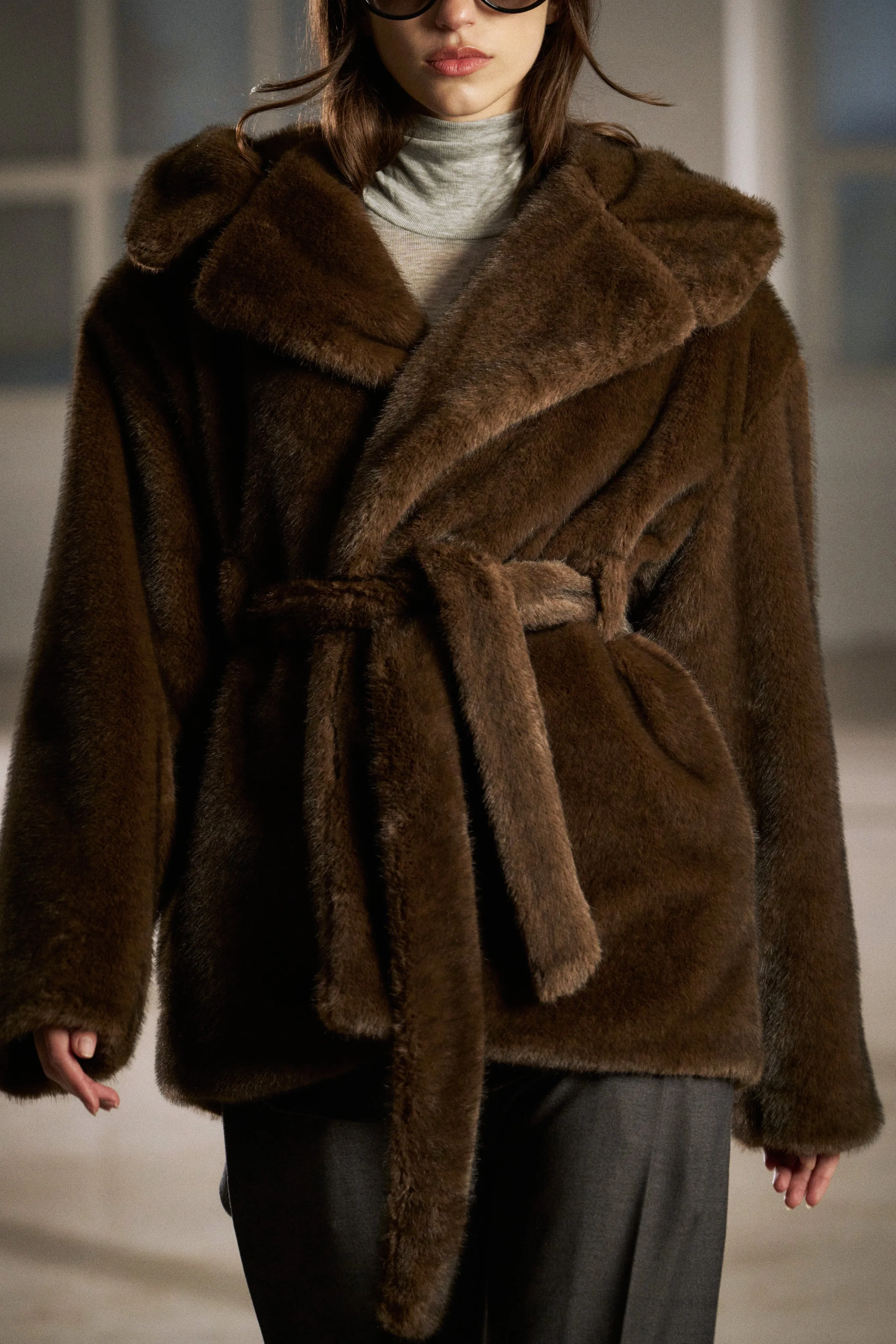 BELTED FAUX FUR HOODED COAT - CHOCOLATE sold by The Couture Club product image thumbnail 4