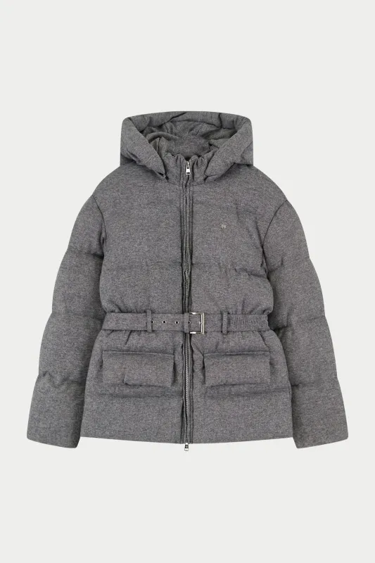 WOVEN BELTED PUFFER COAT - GREY sold by The Couture Club