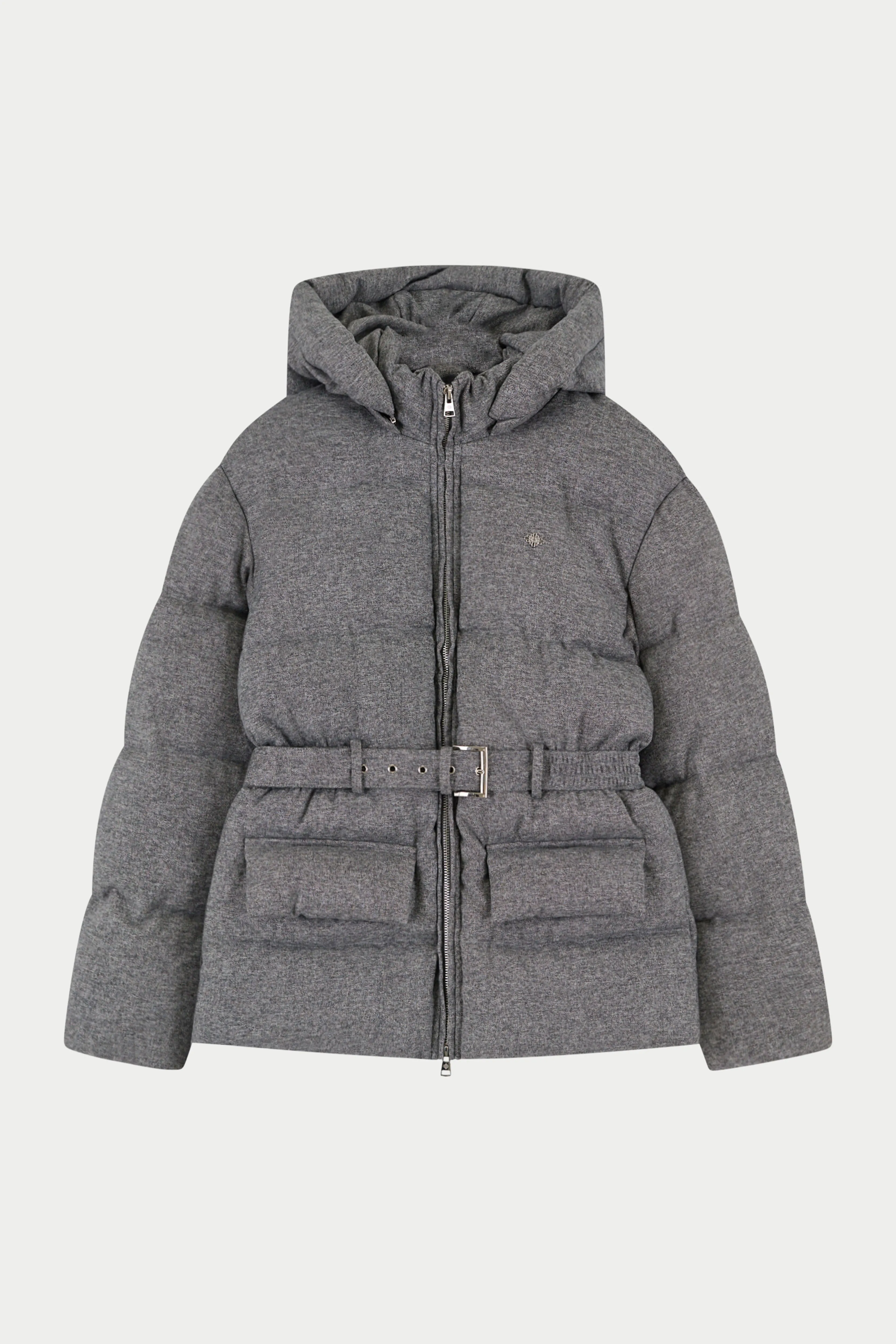 WOVEN BELTED PUFFER COAT - GREY sold by The Couture Club