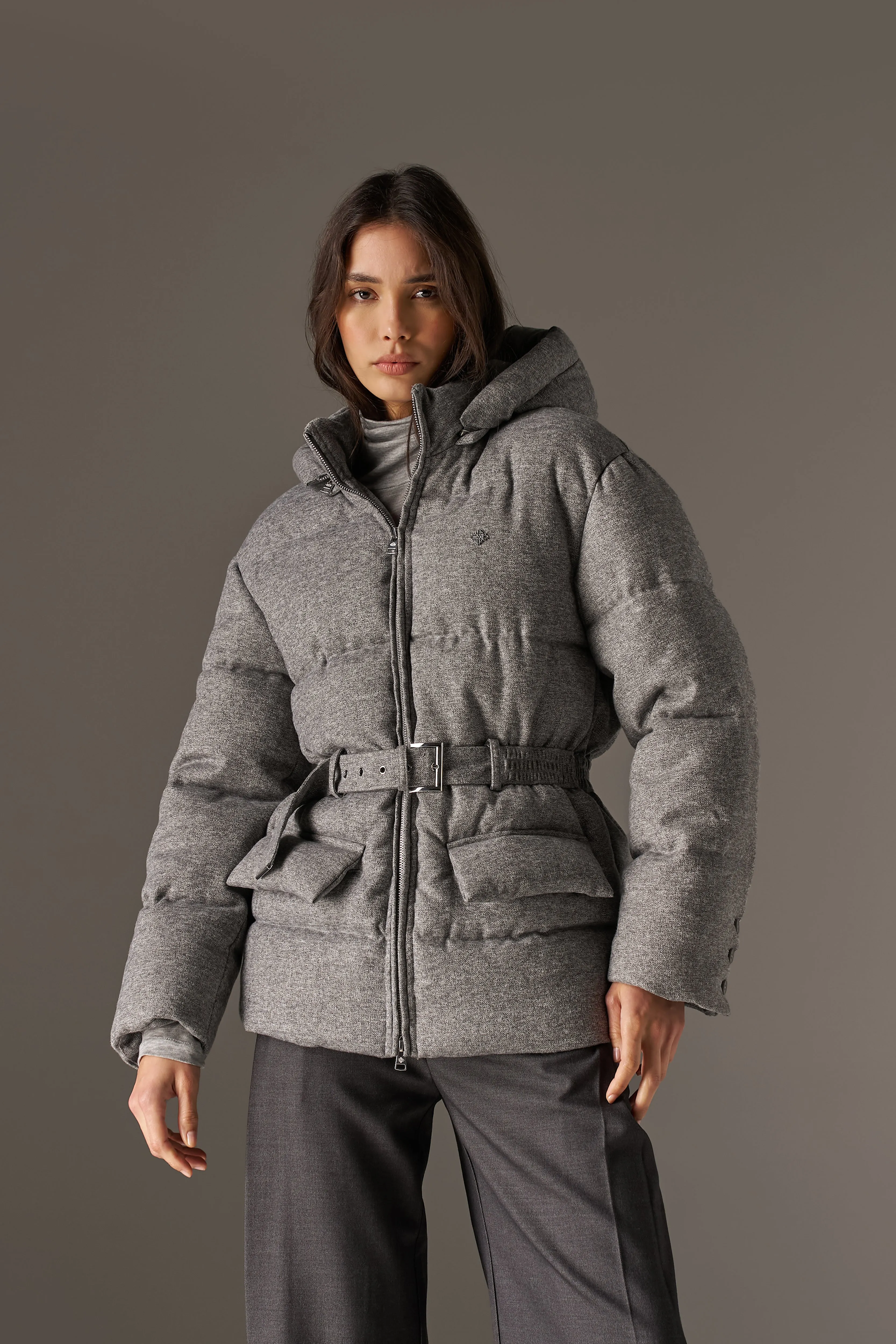 WOVEN BELTED PUFFER COAT - GREY sold by The Couture Club product image thumbnail 2