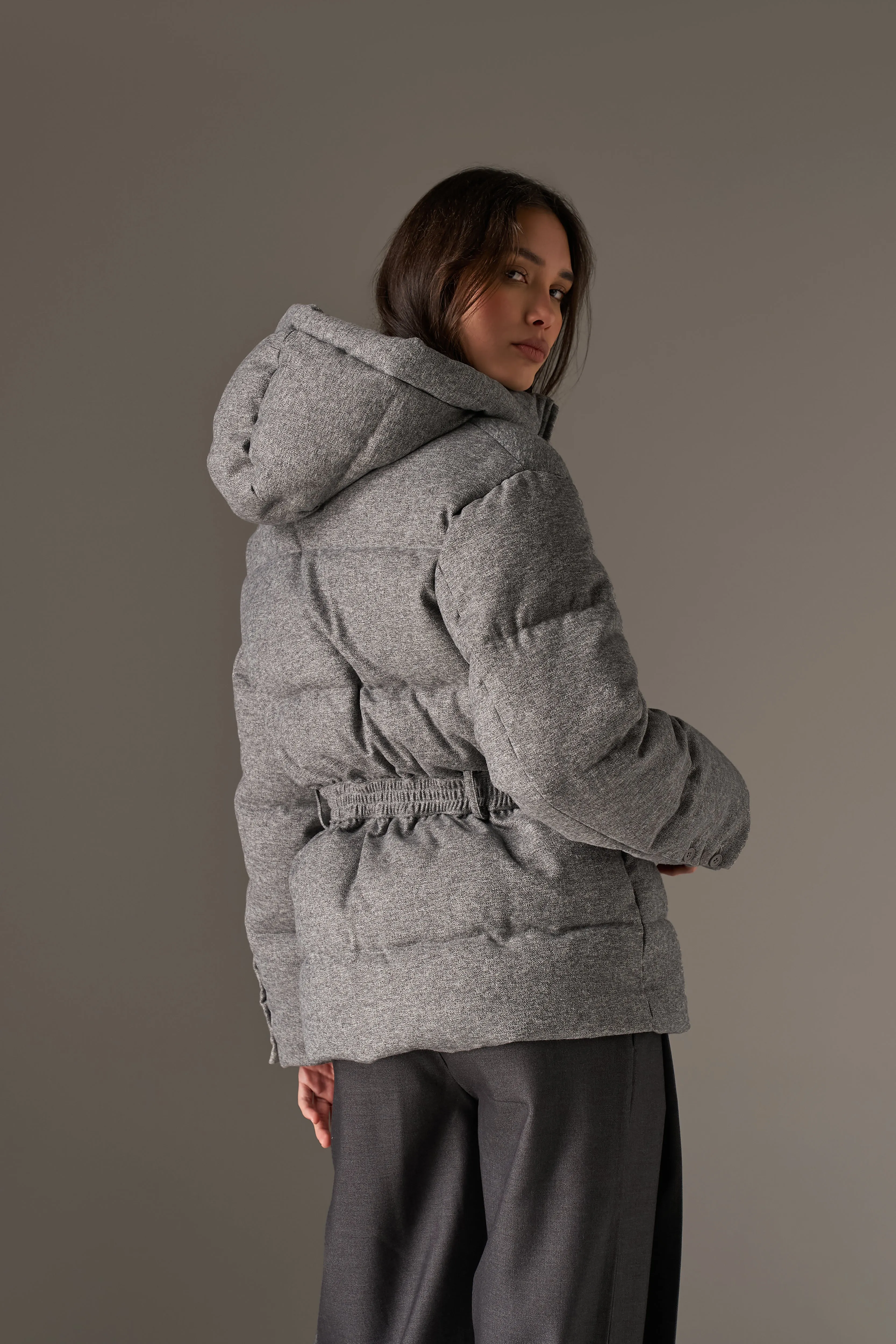 WOVEN BELTED PUFFER COAT - GREY sold by The Couture Club product image thumbnail 5