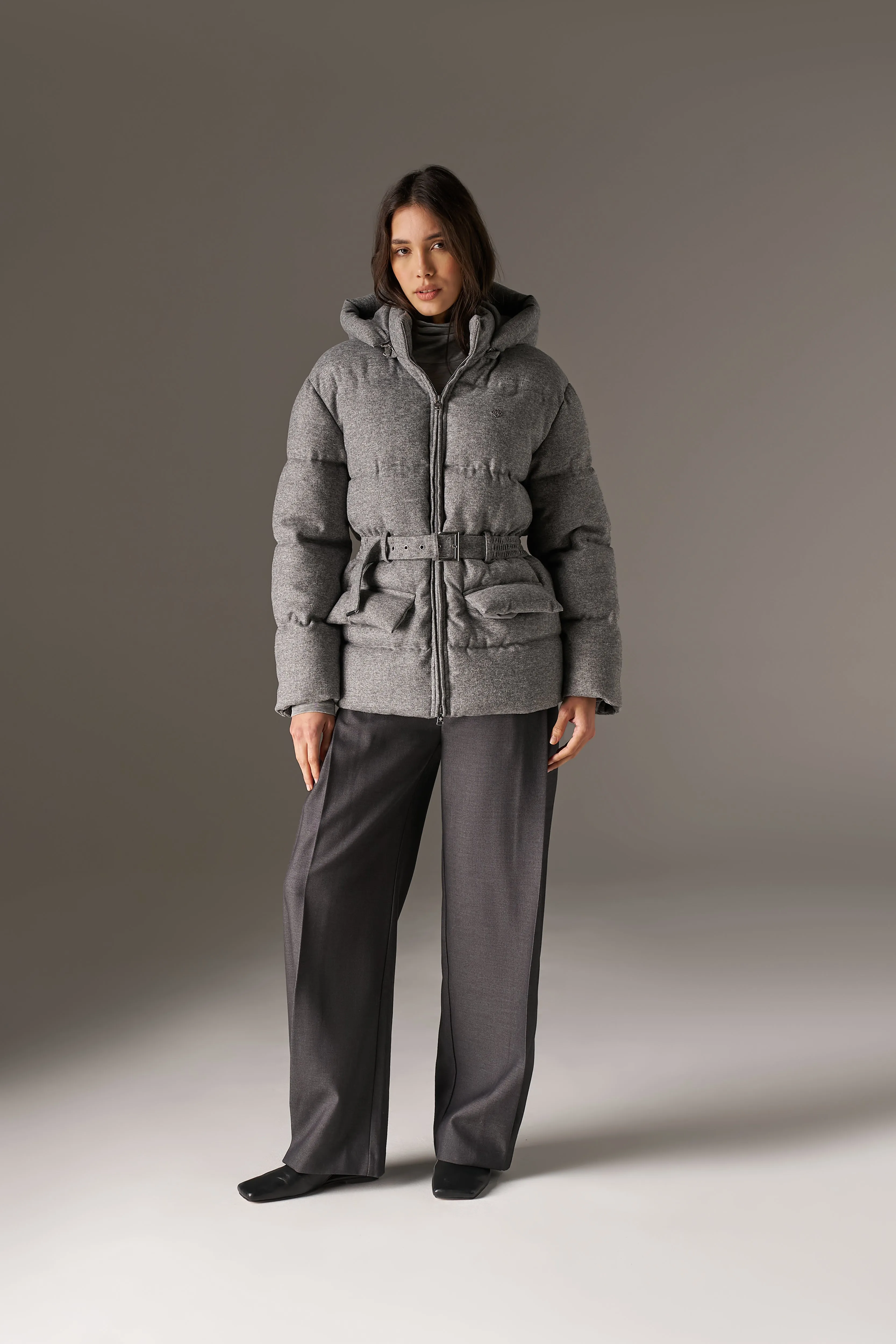 WOVEN BELTED PUFFER COAT - GREY sold by The Couture Club product image thumbnail 3