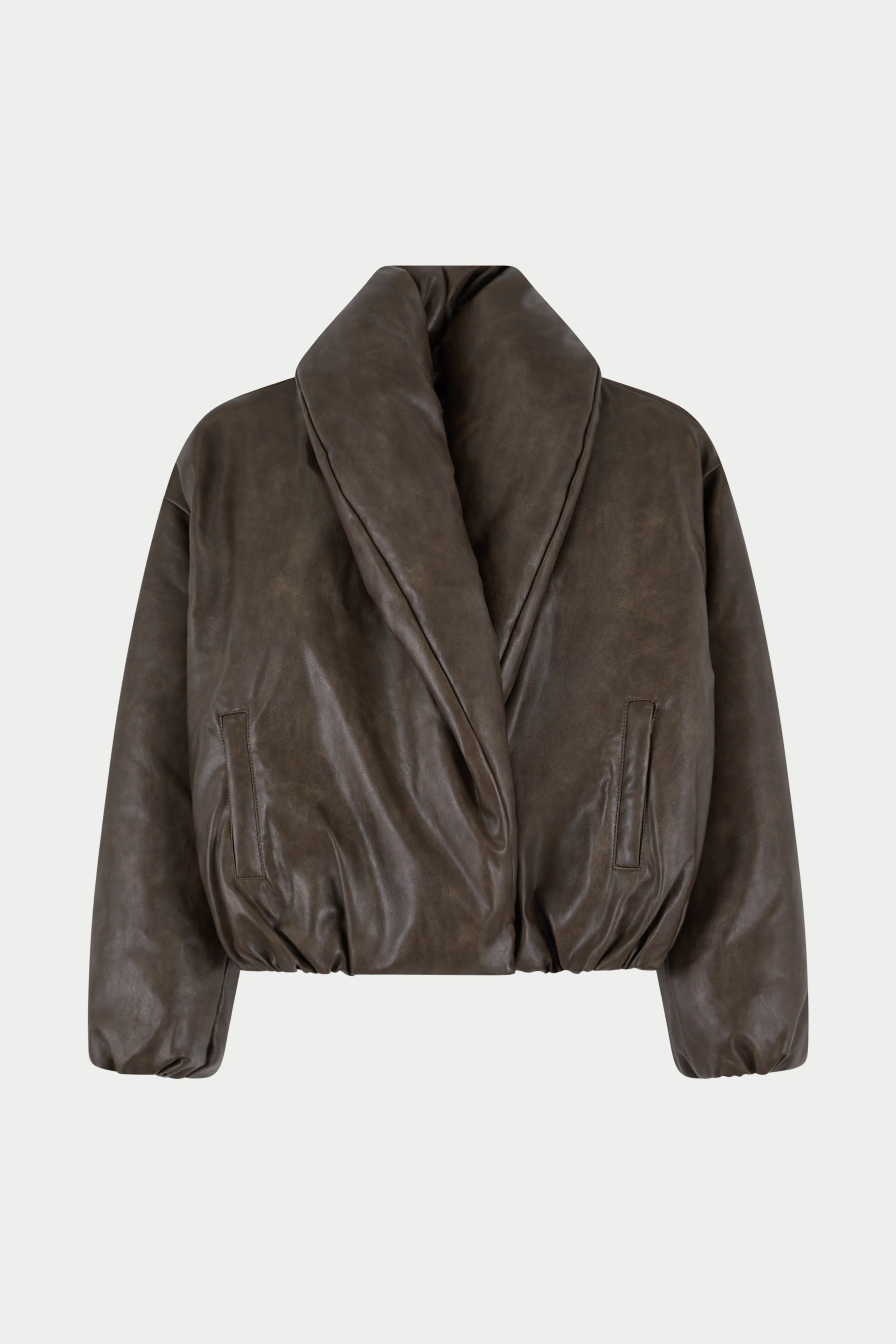 OVERSIZED COLLAR DISTRESSED FAUX LEATHER PUFFER COAT - BROWN sold by The Couture Club