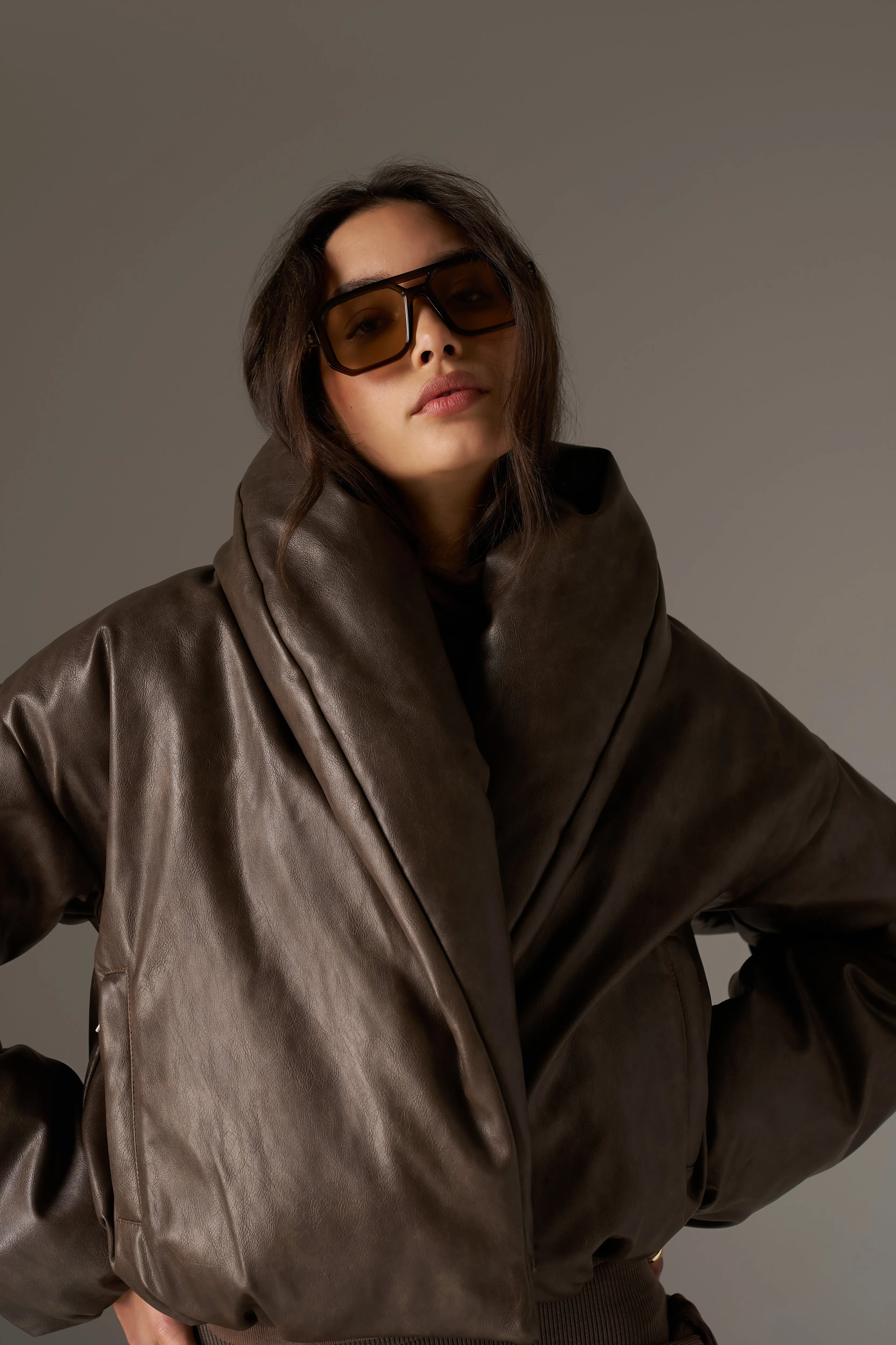 OVERSIZED COLLAR DISTRESSED FAUX LEATHER PUFFER COAT - BROWN sold by The Couture Club product image thumbnail 5