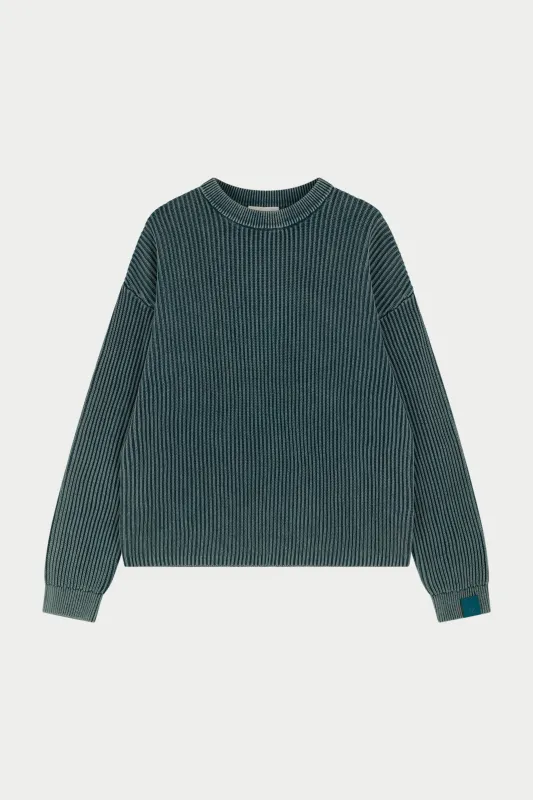 HEAVY WASHED RIBBED KNIT CREW - TEAL sold by The Couture Club