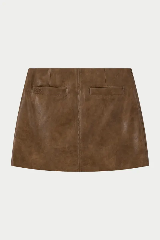 FAUX LEATHER MINI SKIRT - WASHED BROWN sold by The Couture Club