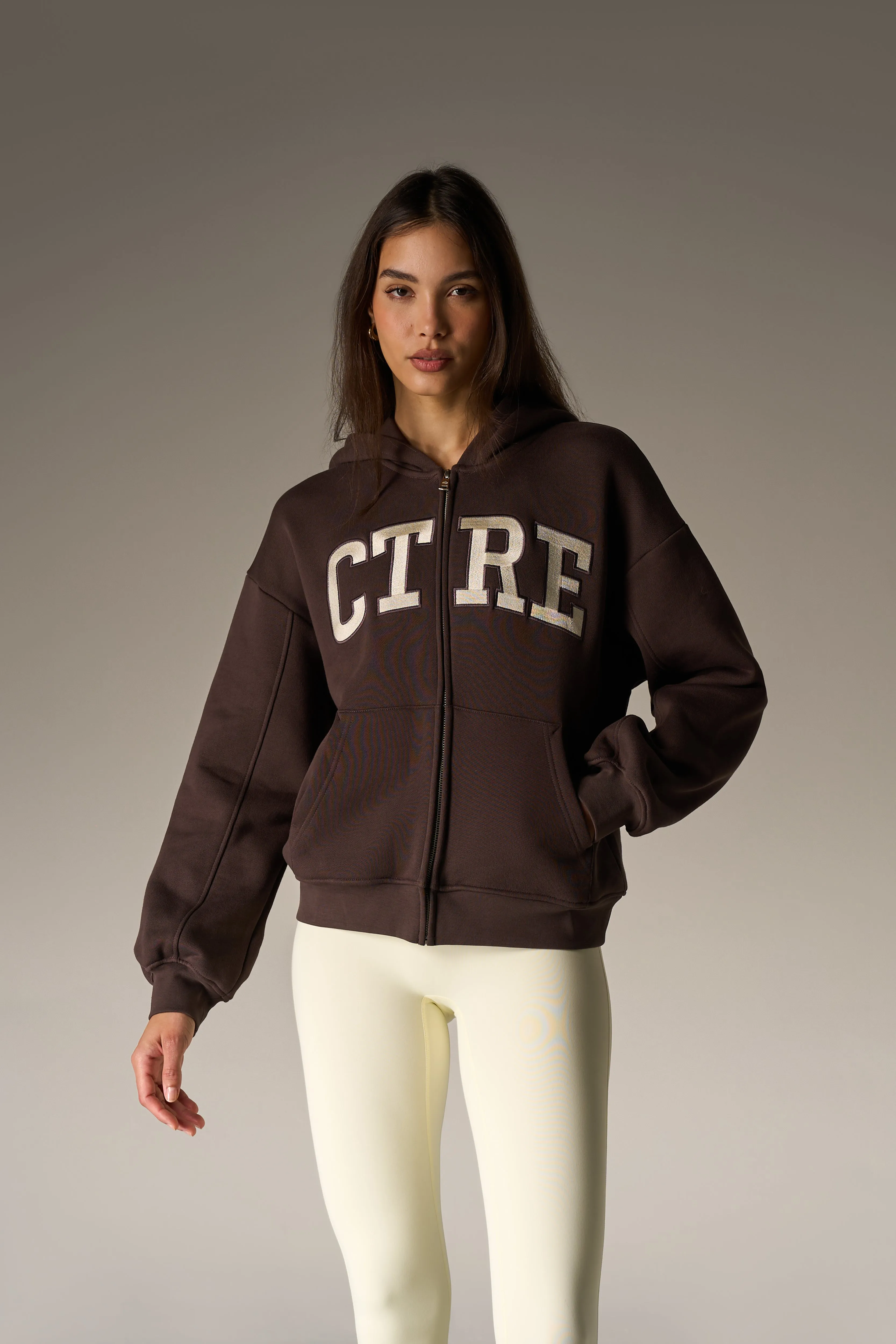EMBROIDERED CTRE ZIP THROUGH HOODIE - CHOCOLATE sold by The Couture Club product image thumbnail 2