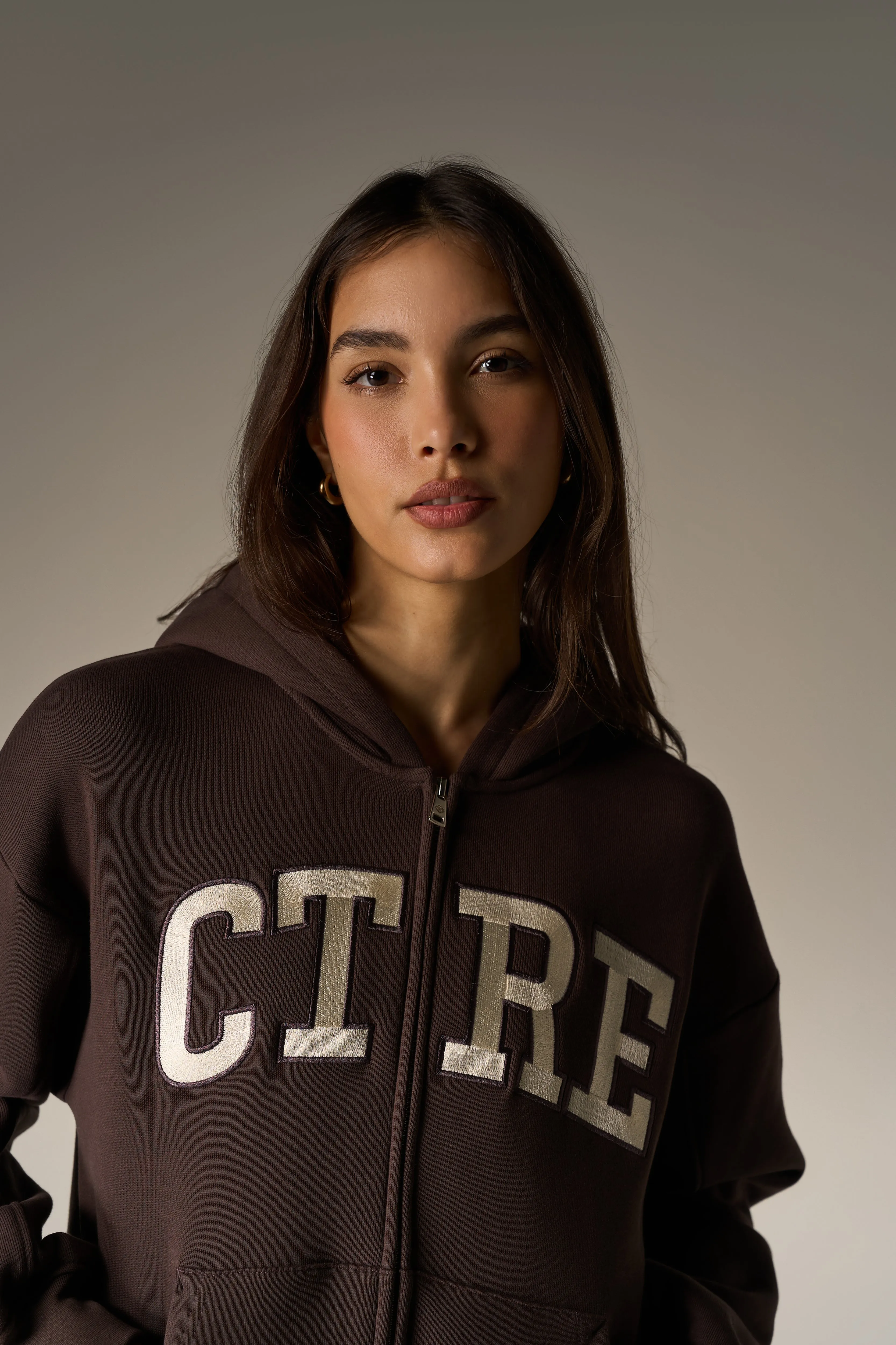 EMBROIDERED CTRE ZIP THROUGH HOODIE - CHOCOLATE sold by The Couture Club product image thumbnail 4