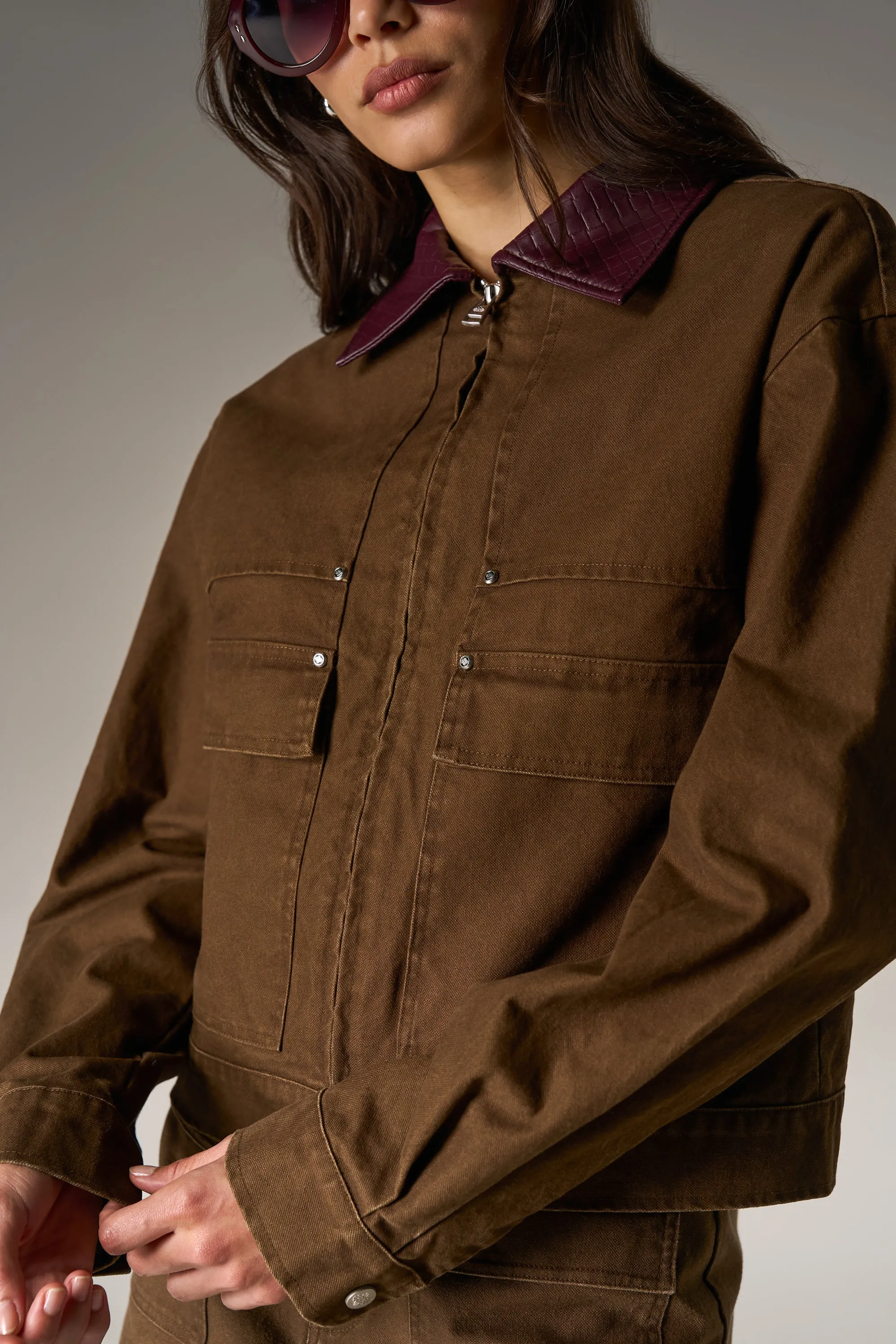 WASHED CONTRAST COLLAR TRUCKER JACKET - CHOCOLATE sold by The Couture Club product image thumbnail 4