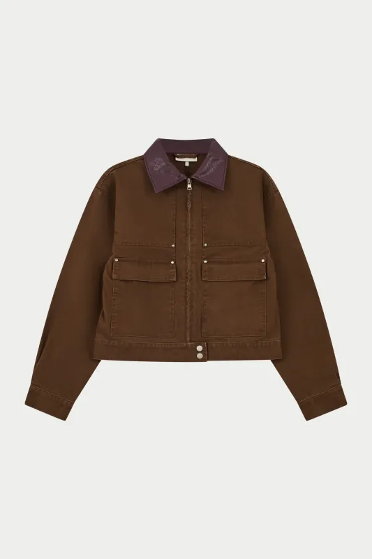 WASHED CONTRAST COLLAR TRUCKER JACKET - CHOCOLATE sold by The Couture Club