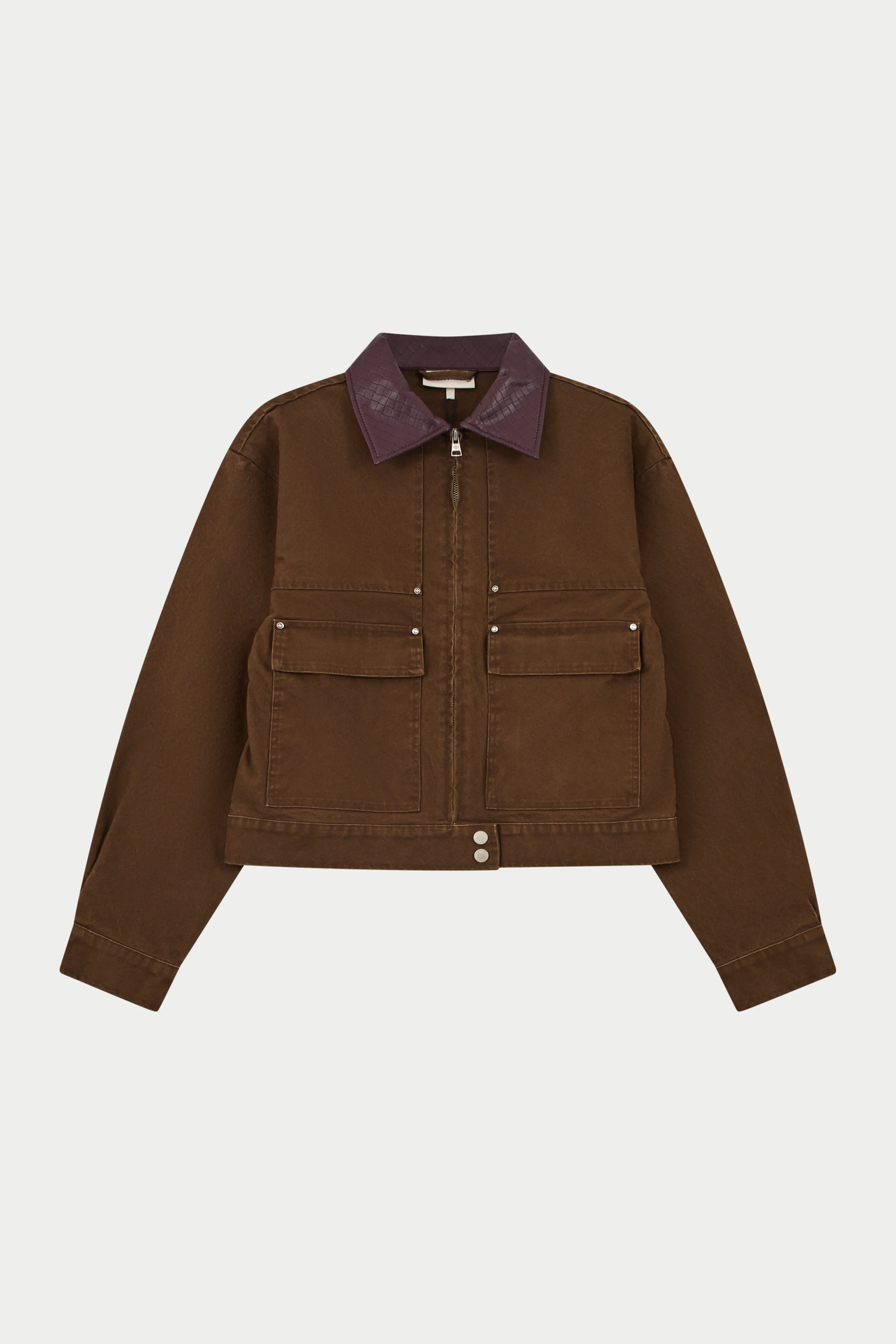 WASHED CONTRAST COLLAR TRUCKER JACKET - CHOCOLATE sold by The Couture Club
