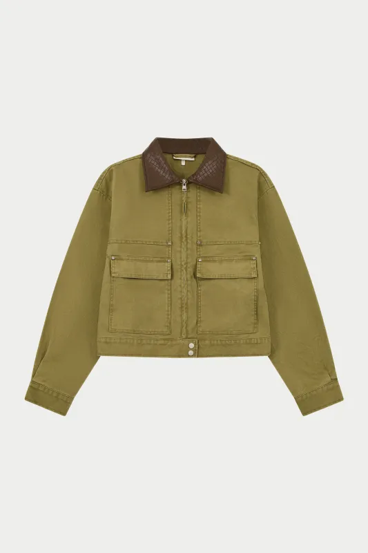 WASHED CONTRAST COLLAR TRUCKER JACKET - KHAKI sold by The Couture Club