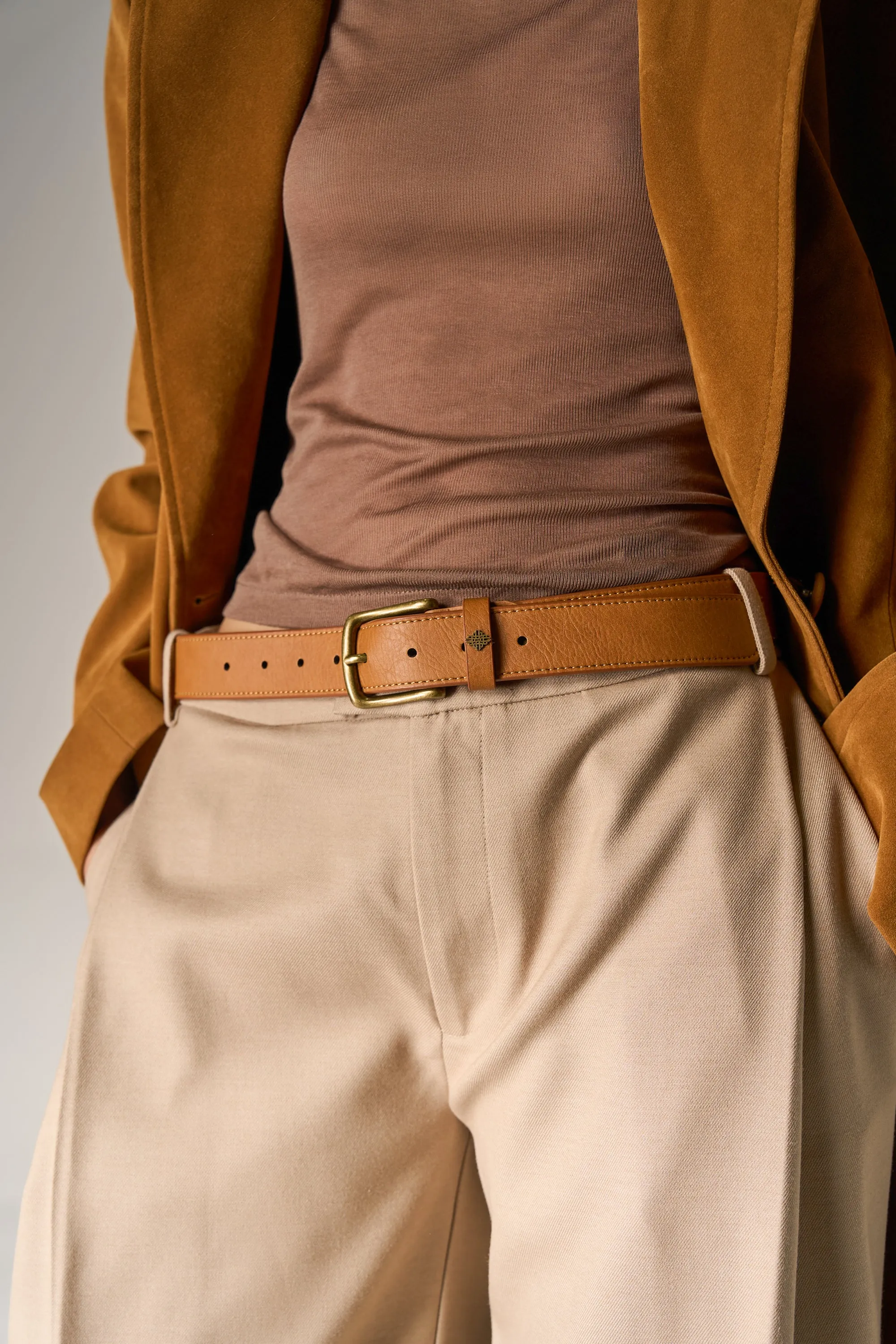 EMBLEM FAUX LEATHER BELT - TAN sold by The Couture Club