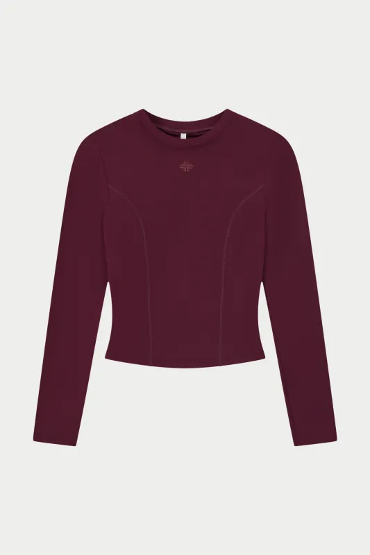 SCULPTING STRETCH CROSSOVER BACK LONG SLEEVE TOP - PLUM sold by The Couture Club