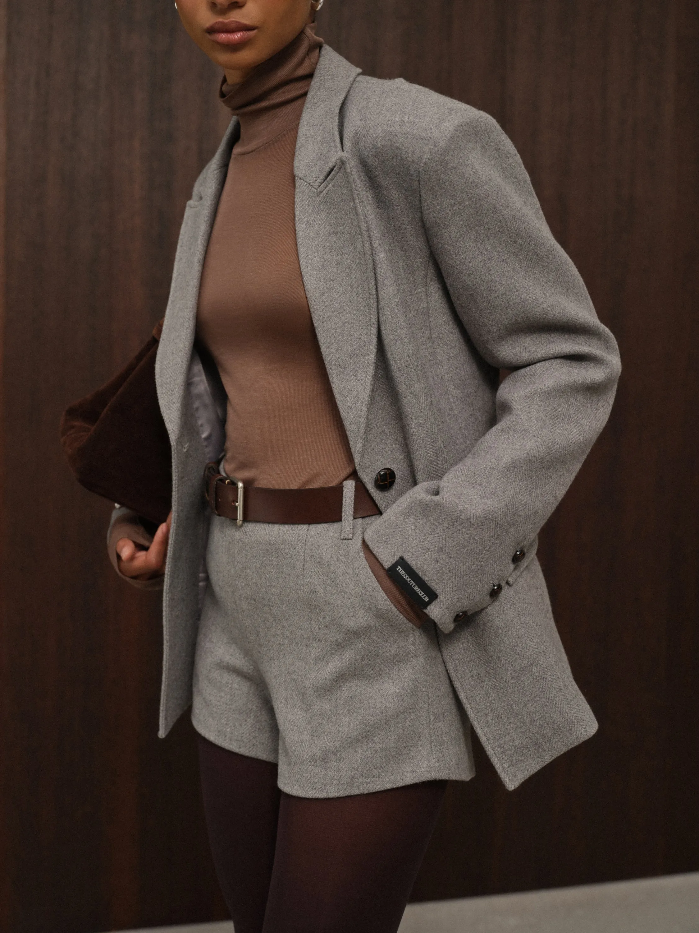 HERRINGBONE TAILORED MINI SHORTS - GREY sold by The Couture Club product image thumbnail 2