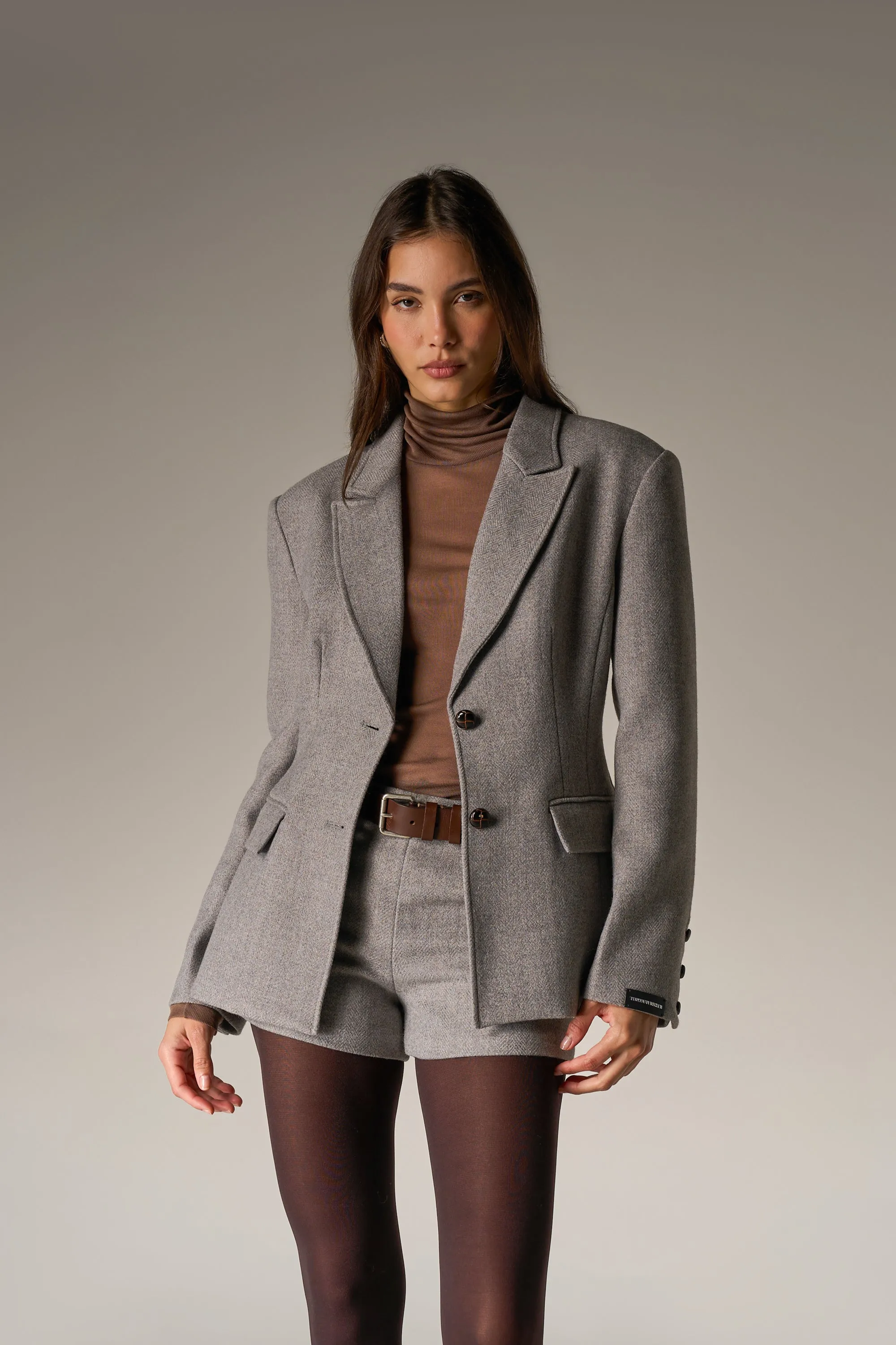 HERRINGBONE CINCHED WAIST TAILORED BLAZER - GREY sold by The Couture Club product image thumbnail 3