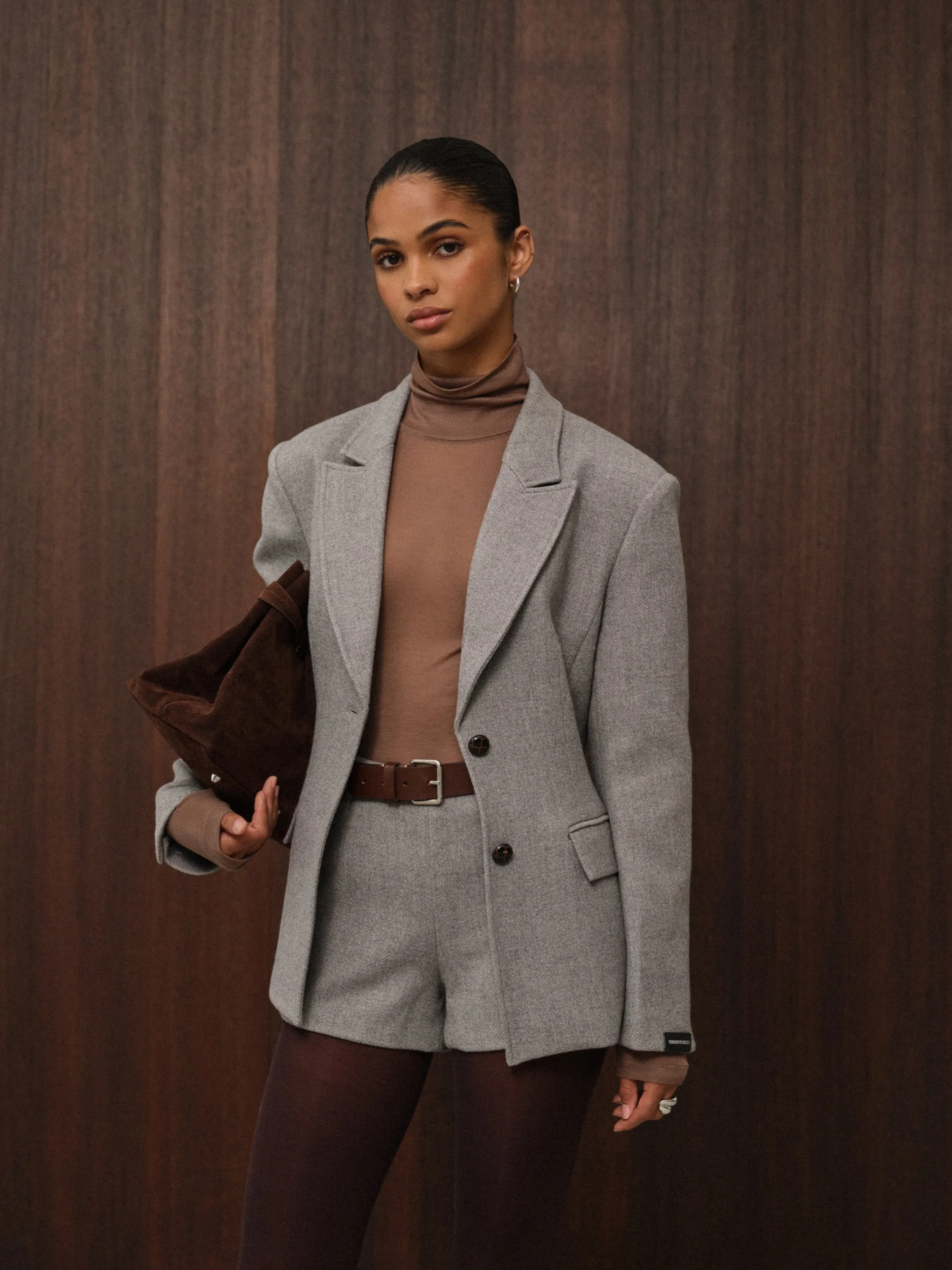 HERRINGBONE CINCHED WAIST TAILORED BLAZER - GREY sold by The Couture Club product image thumbnail 2