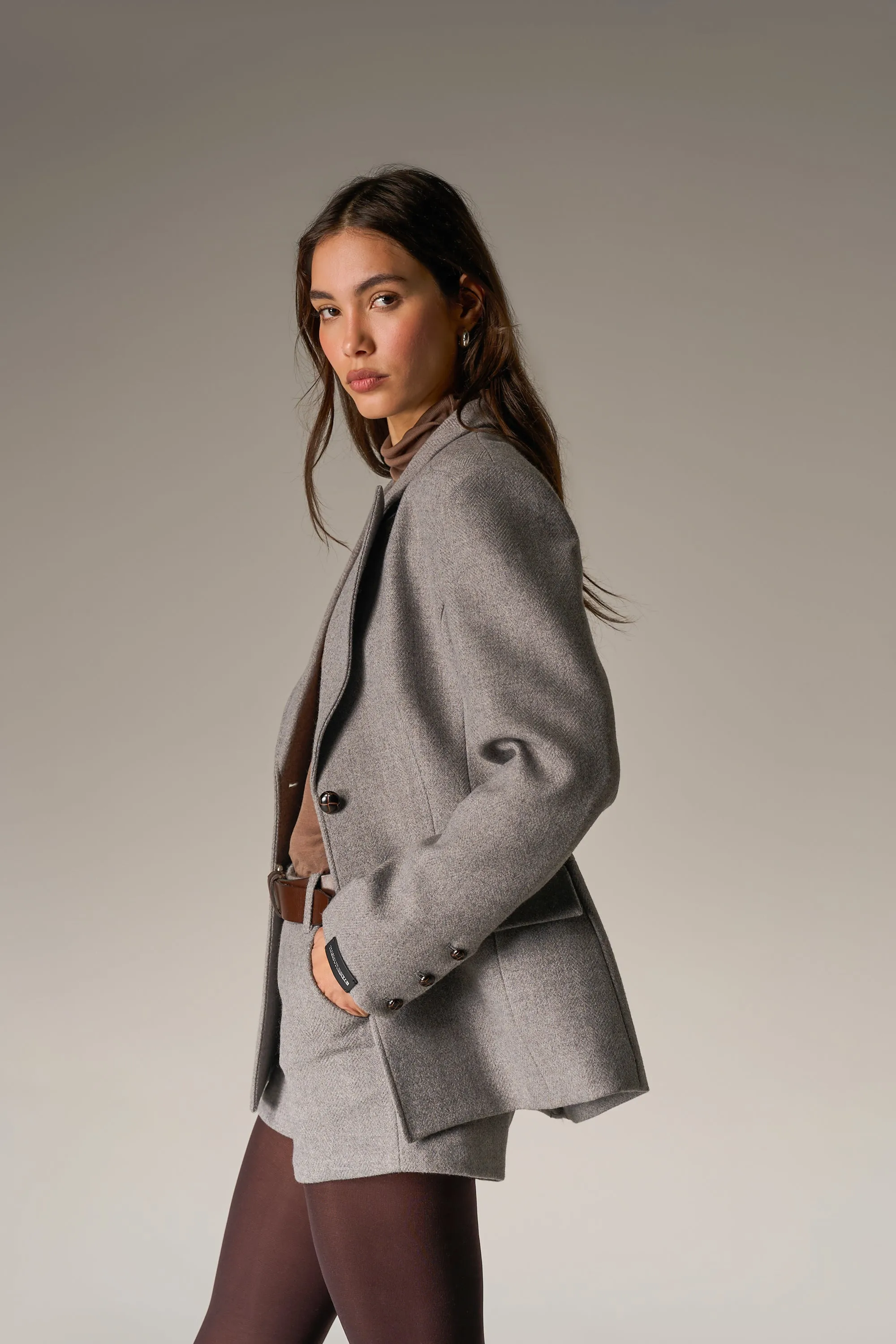 HERRINGBONE CINCHED WAIST TAILORED BLAZER - GREY sold by The Couture Club product image thumbnail 5