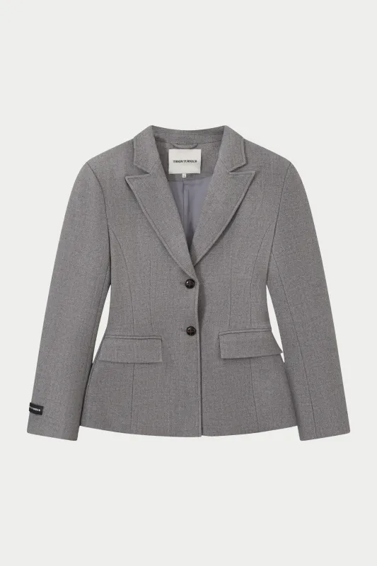 HERRINGBONE CINCHED WAIST TAILORED BLAZER - GREY sold by The Couture Club