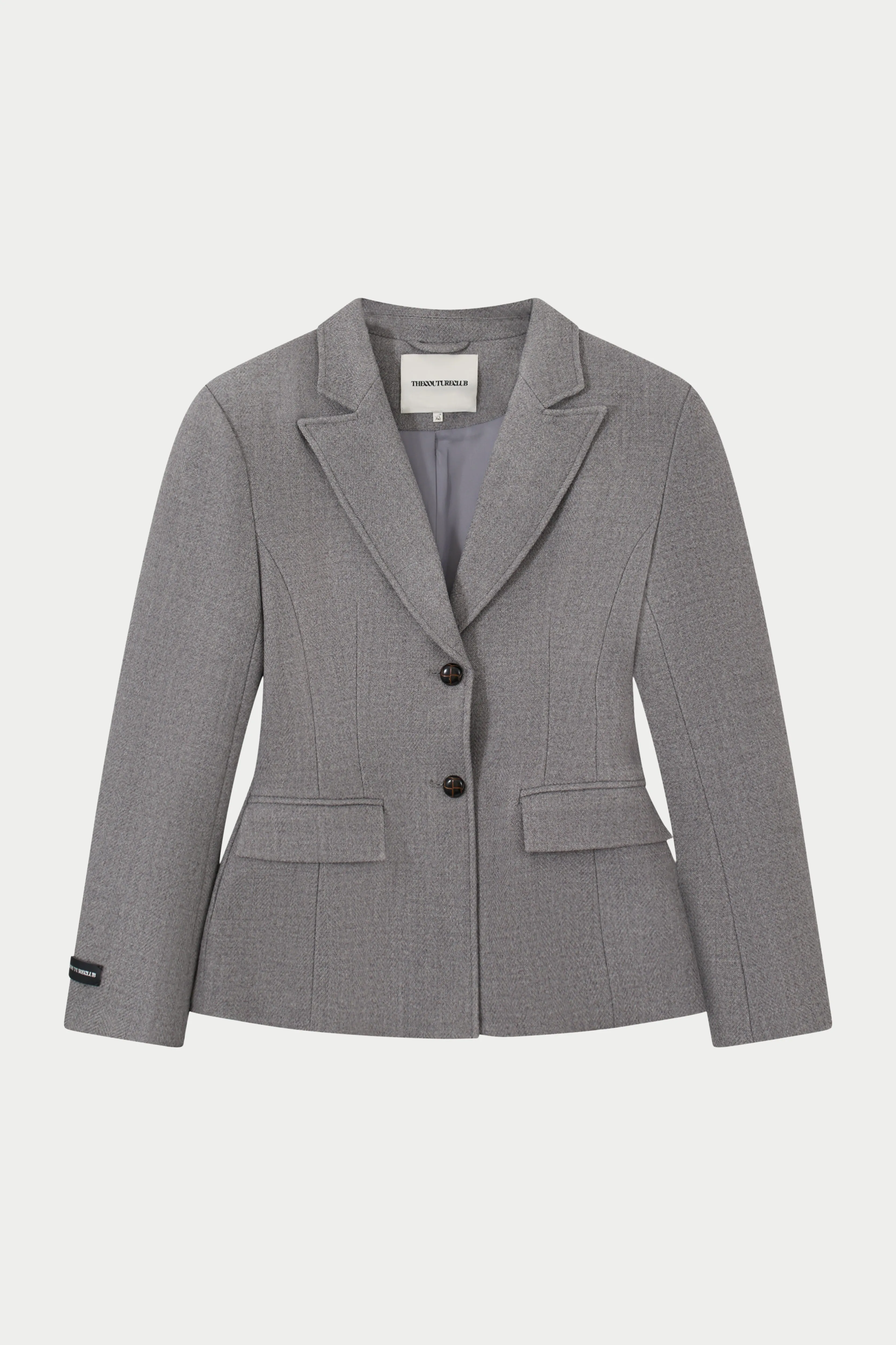 HERRINGBONE CINCHED WAIST TAILORED BLAZER - GREY sold by The Couture Club