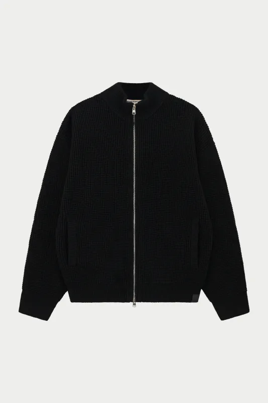 WAFFLE KNIT FUNNEL NECK ZIP THROUGH - BLACK sold by The Couture Club