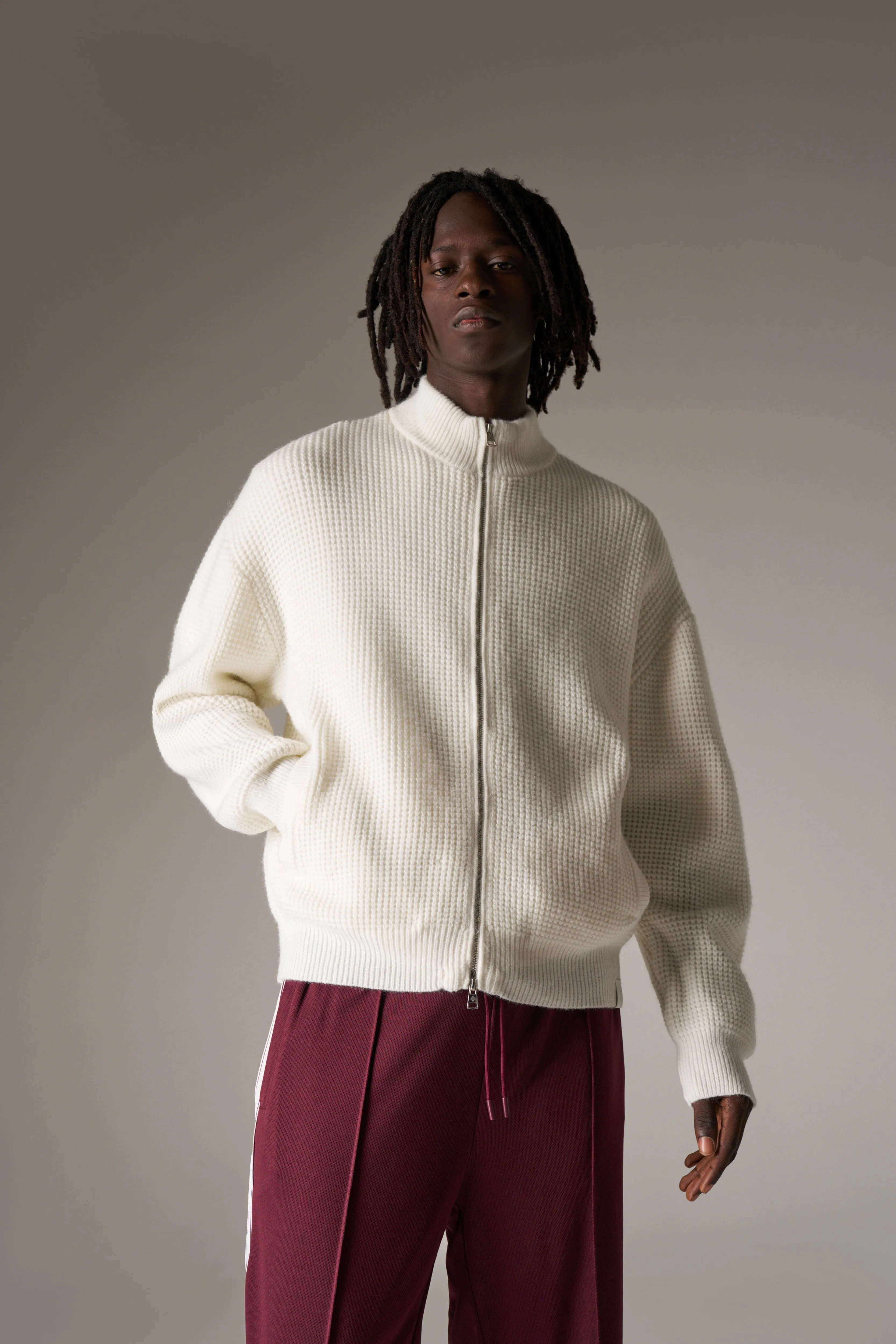 WAFFLE KNIT FUNNEL NECK ZIP THROUGH - WHITE sold by The Couture Club product image thumbnail 3