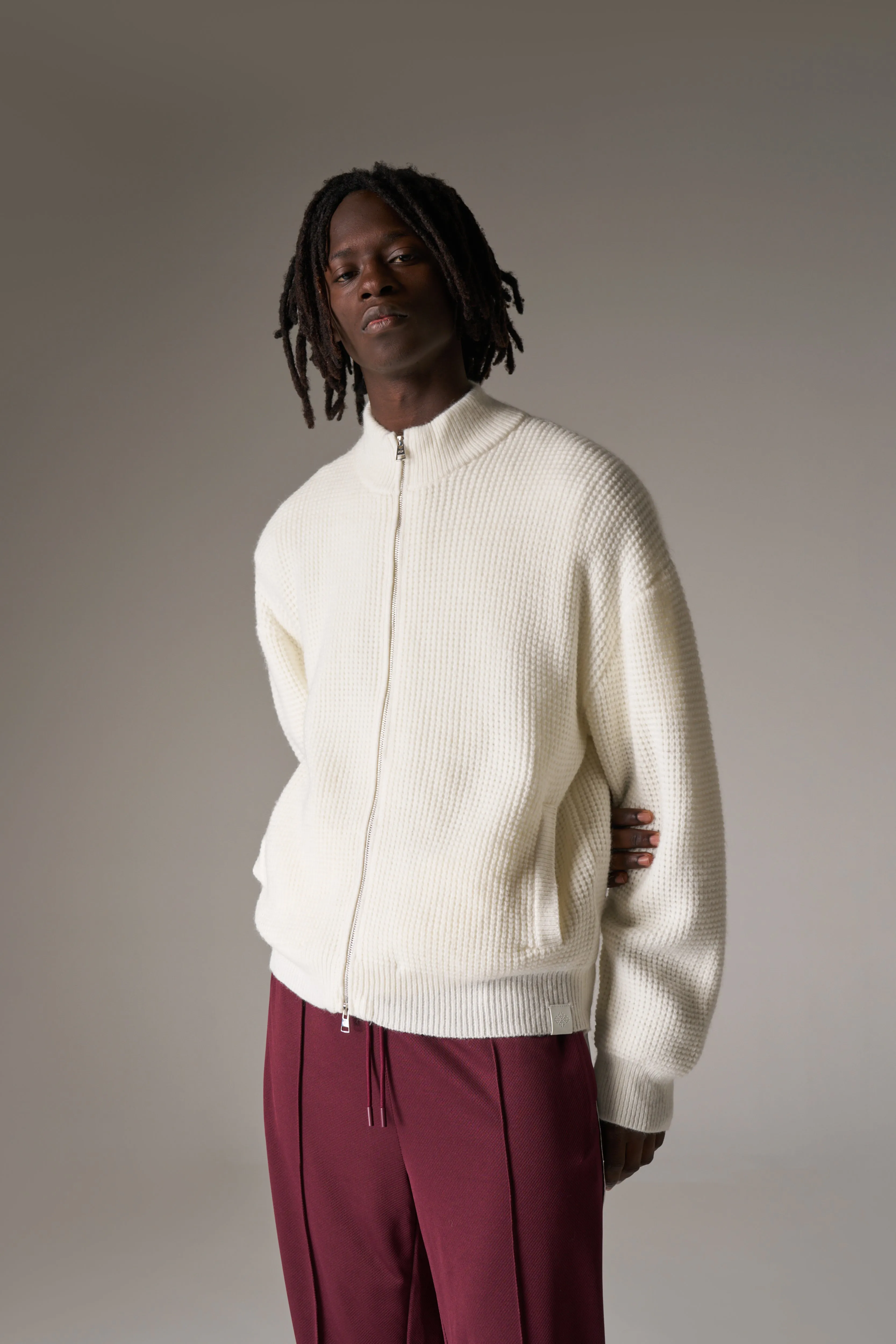 WAFFLE KNIT FUNNEL NECK ZIP THROUGH - WHITE sold by The Couture Club product image thumbnail 5