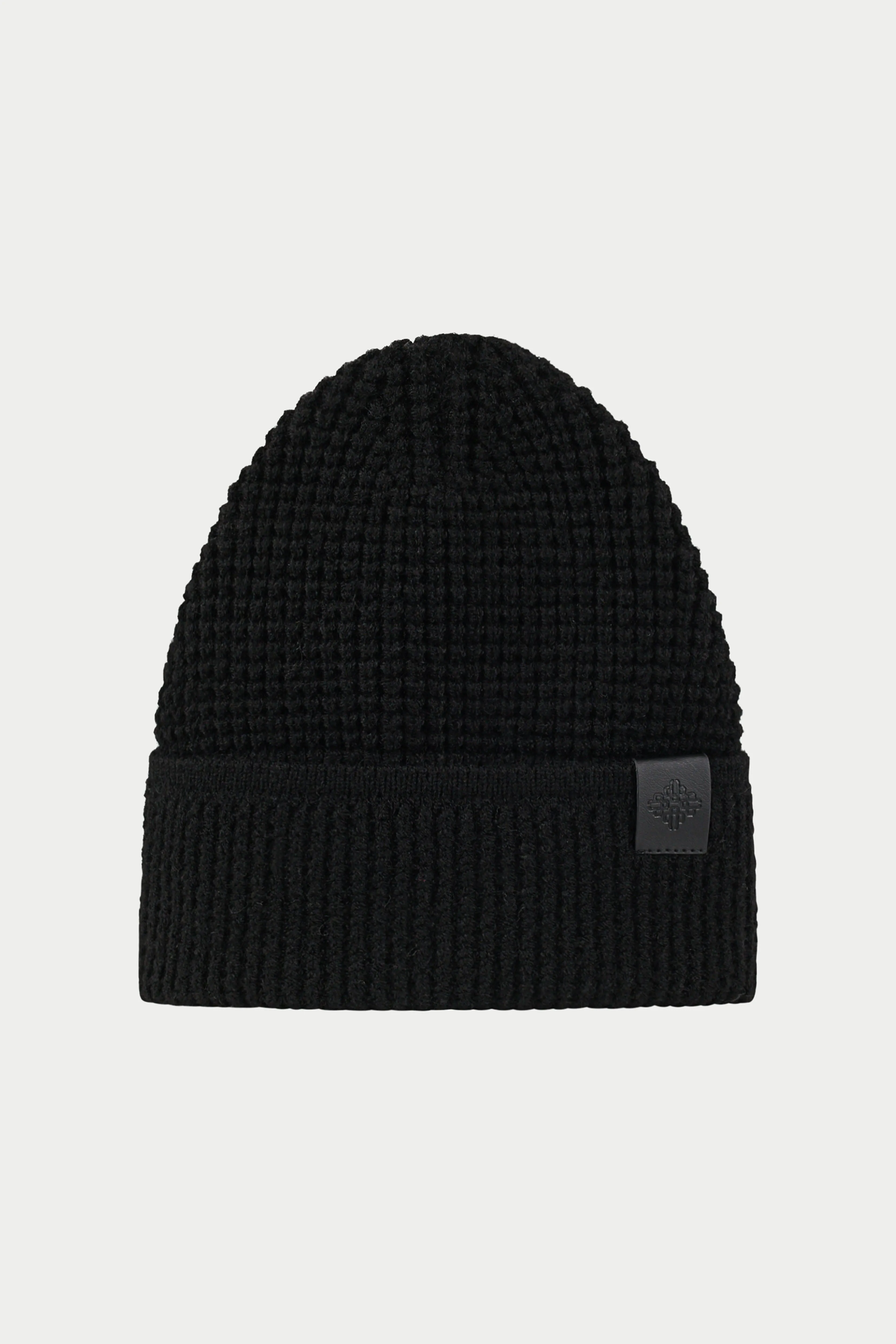 WAFFLE KNIT EMBLEM BEANIE - BLACK sold by The Couture Club