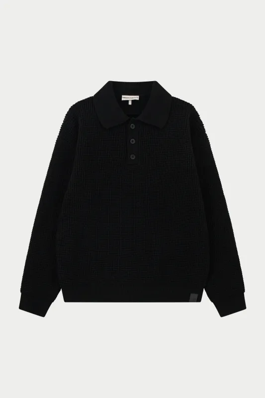 WAFFLE KNIT LONG SLEEVE POLO - BLACK made by The Couture Club