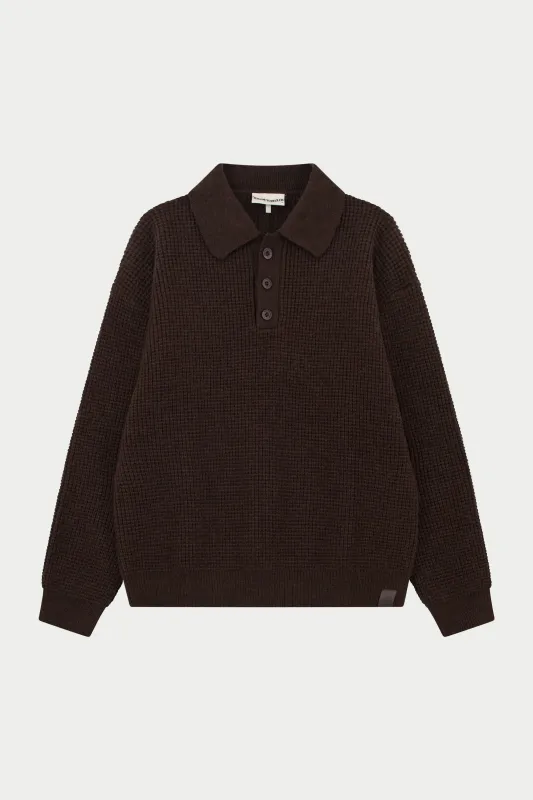 WAFFLE KNIT LONG SLEEVE POLO - BROWN sold by The Couture Club