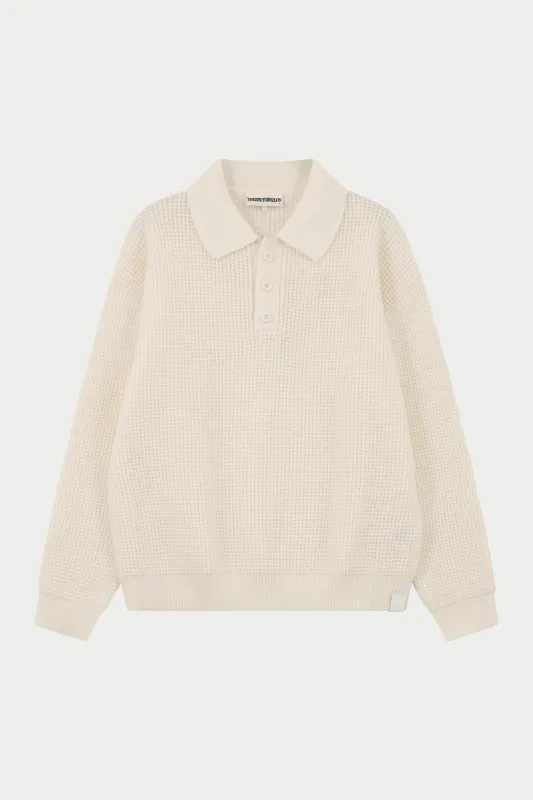 WAFFLE KNIT LONG SLEEVE POLO - WHITE sold by The Couture Club