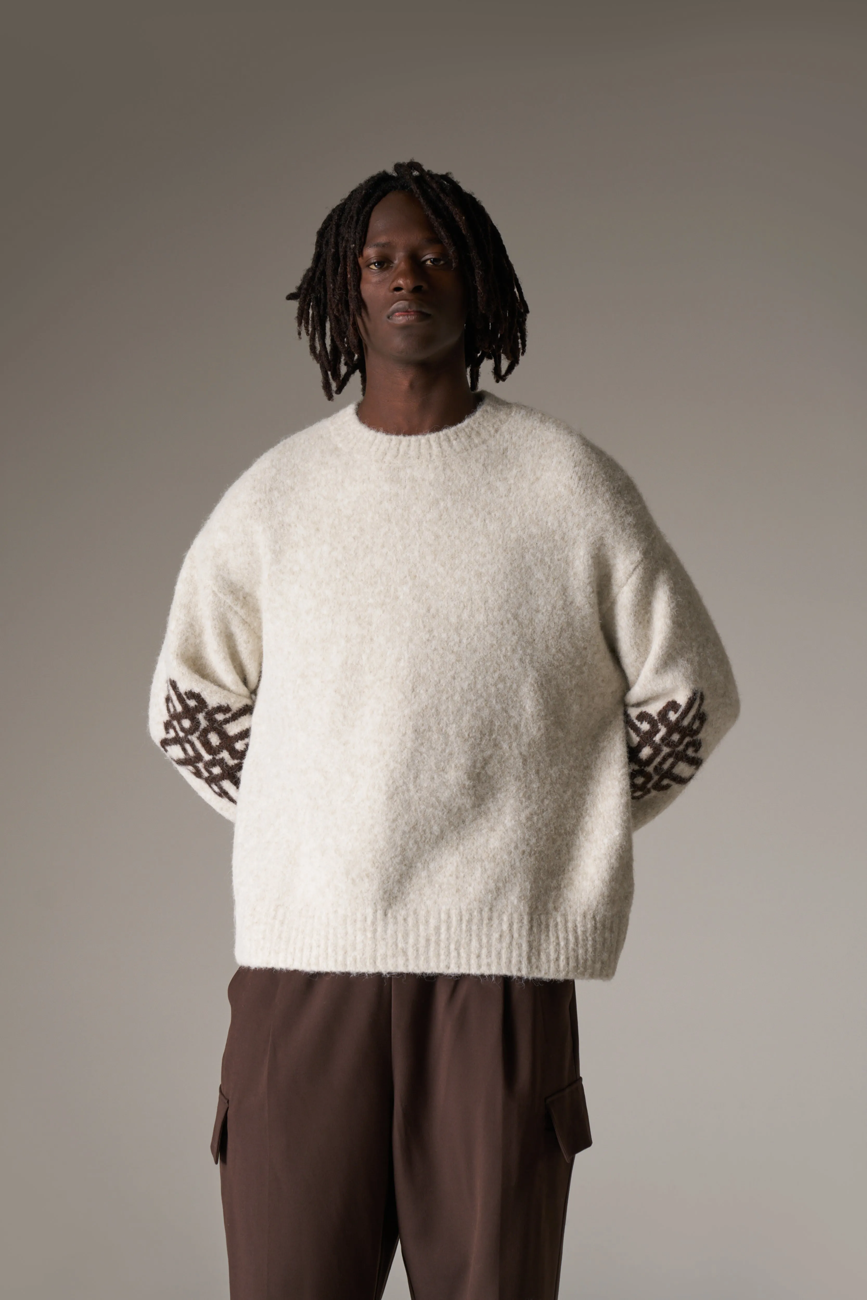 BRUSHED EMBLEM SLEEVE KNITTED CREW - BEIGE sold by The Couture Club product image thumbnail 3