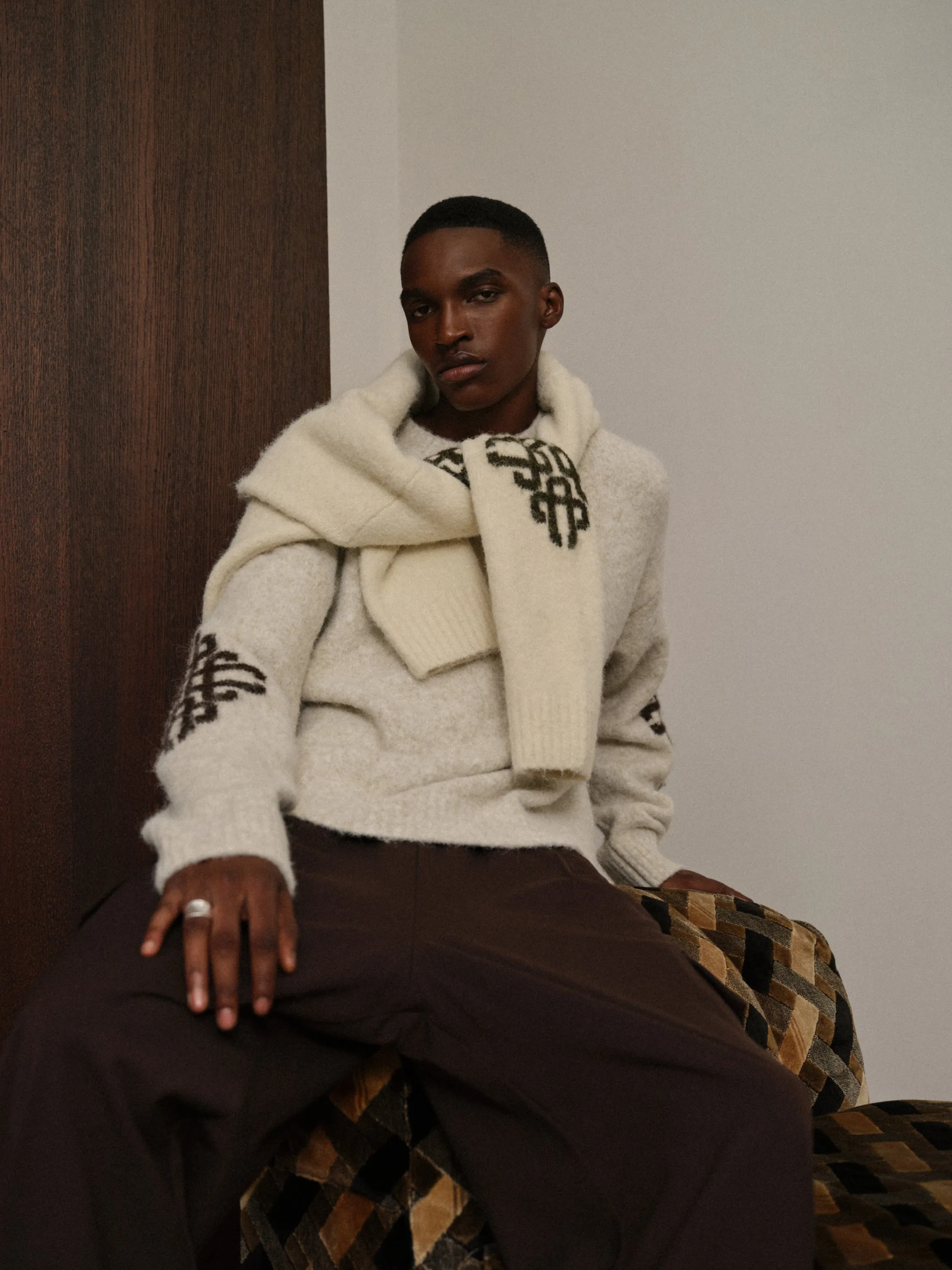 BRUSHED EMBLEM SLEEVE KNITTED CREW - BEIGE sold by The Couture Club product image thumbnail 2