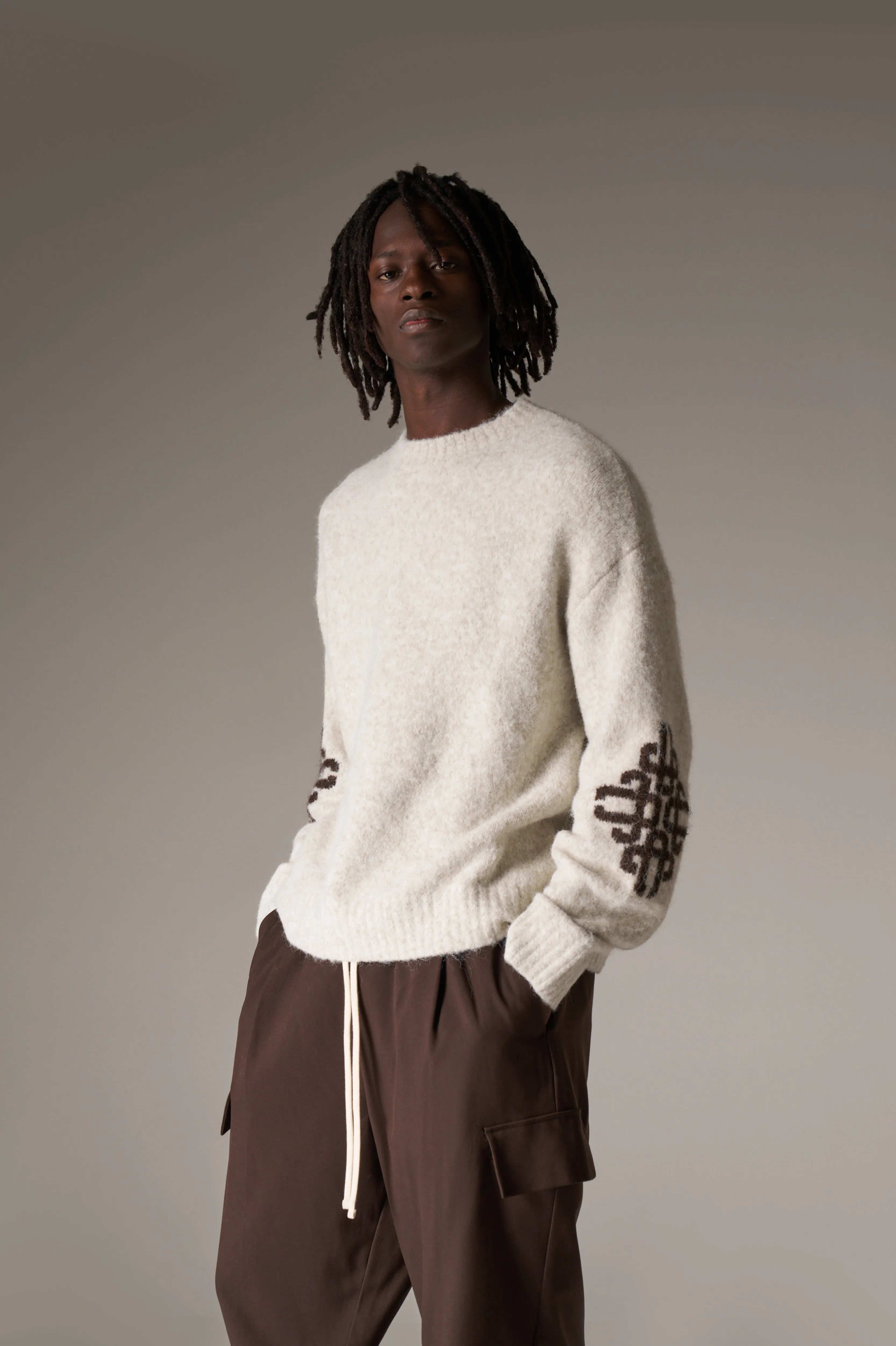 BRUSHED EMBLEM SLEEVE KNITTED CREW - BEIGE sold by The Couture Club product image thumbnail 5