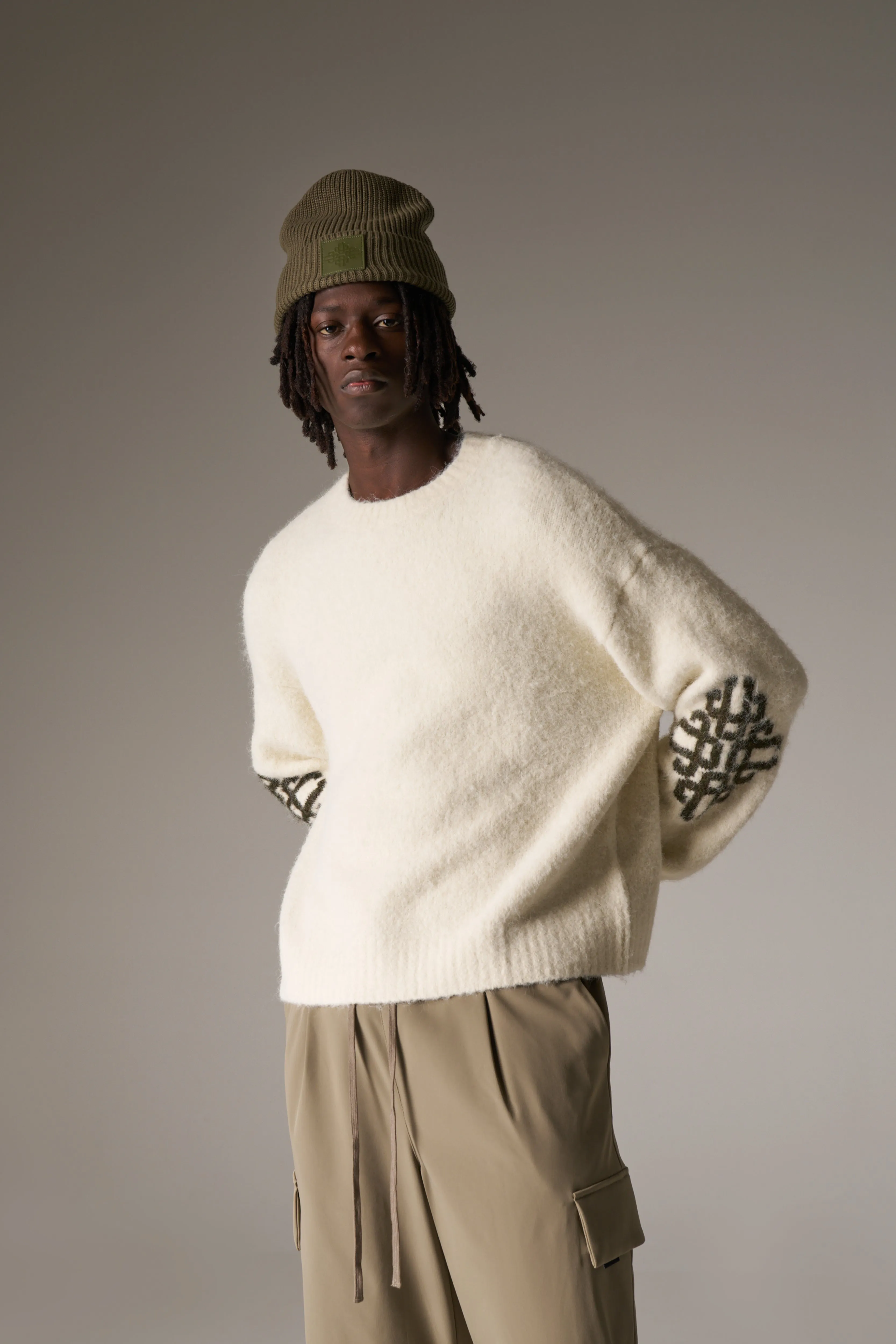 BRUSHED EMBLEM SLEEVE KNITTED CREW - OFF WHITE sold by The Couture Club product image thumbnail 2